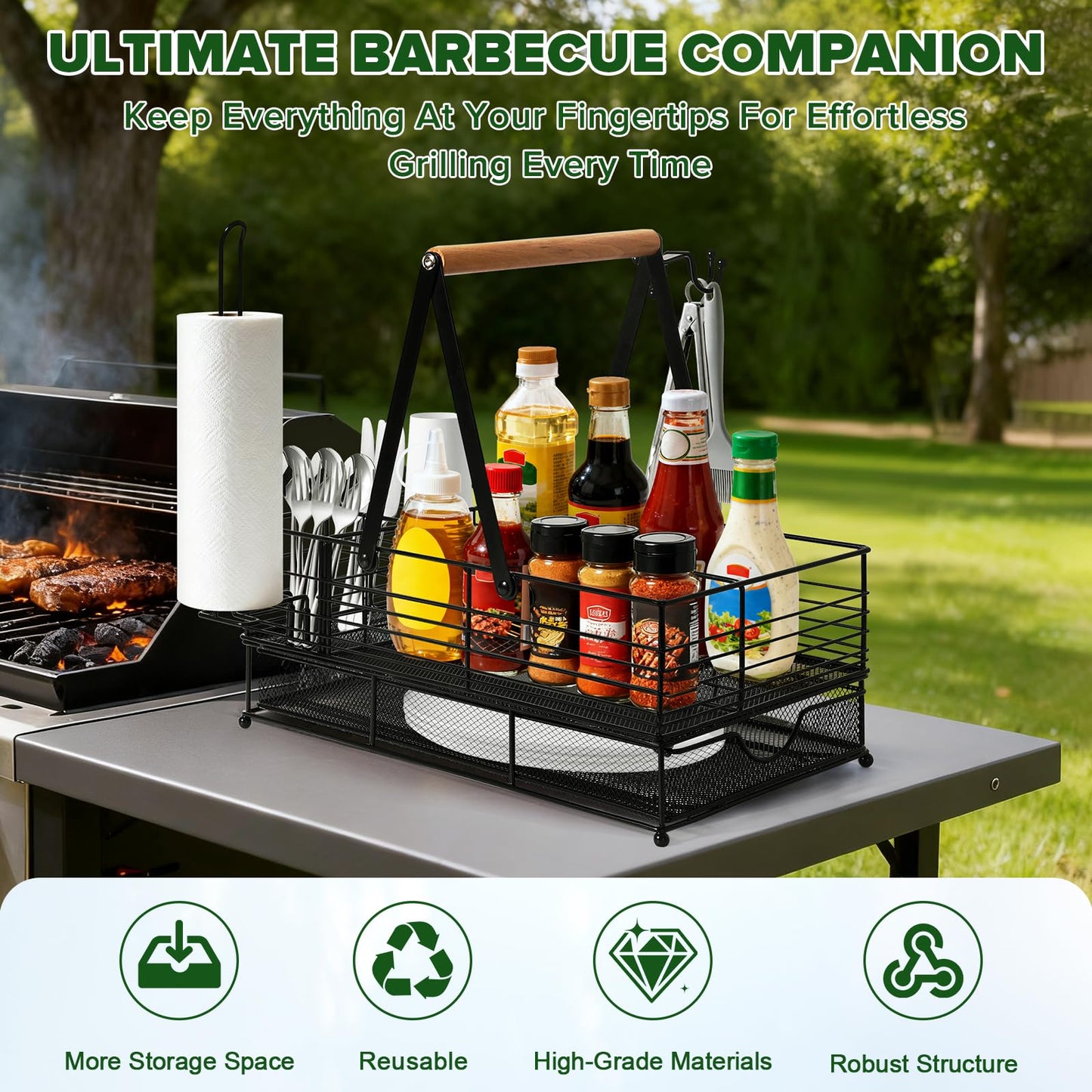 RACOBOT Grill Caddy, BBQ Caddy with Paper Towel Holder, Blackstone Griddle Organizer, Plate and Utensil Holder Organizer for Outdoor Grill, Picnic, Camping, Condiment Storage for Kitchen Counter