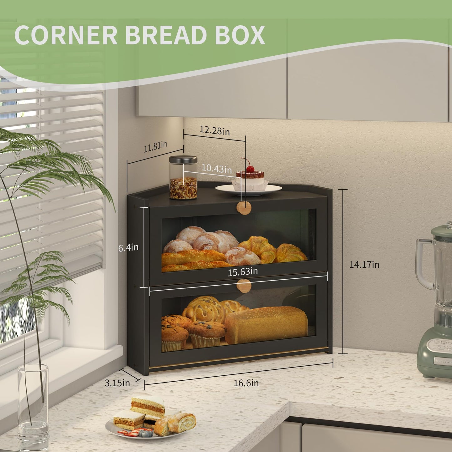 JANSNIMEN Black Corner Bread Box for Kitchen Countertop, Large Bread Container Storage Bamboo Wooden Farmhouse Bread Box with Window Bread Holder