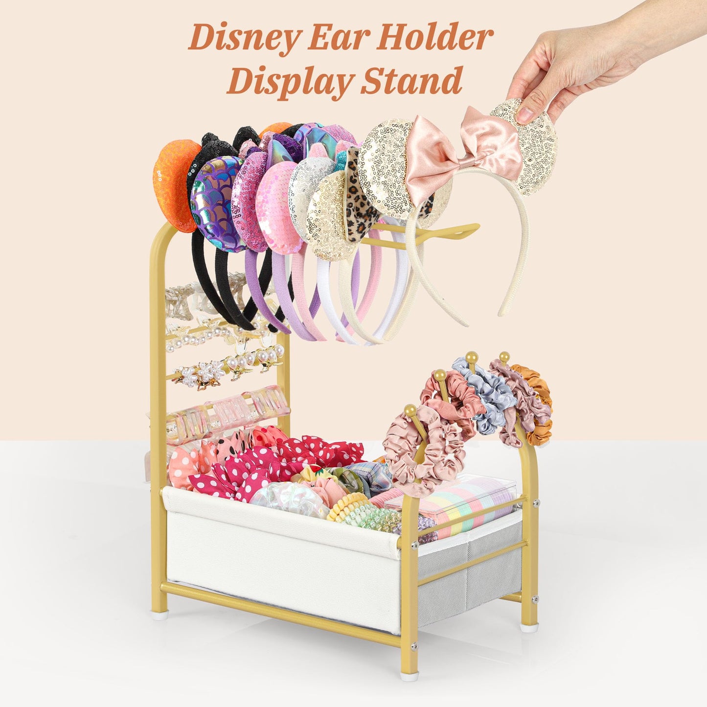 Keebofly Headband Holder Stand - Versatile Organizer for Scrunchies, Bows & Claw Clips - Compact Hair Accessories Storage for Girls, Women, Babies,Golden