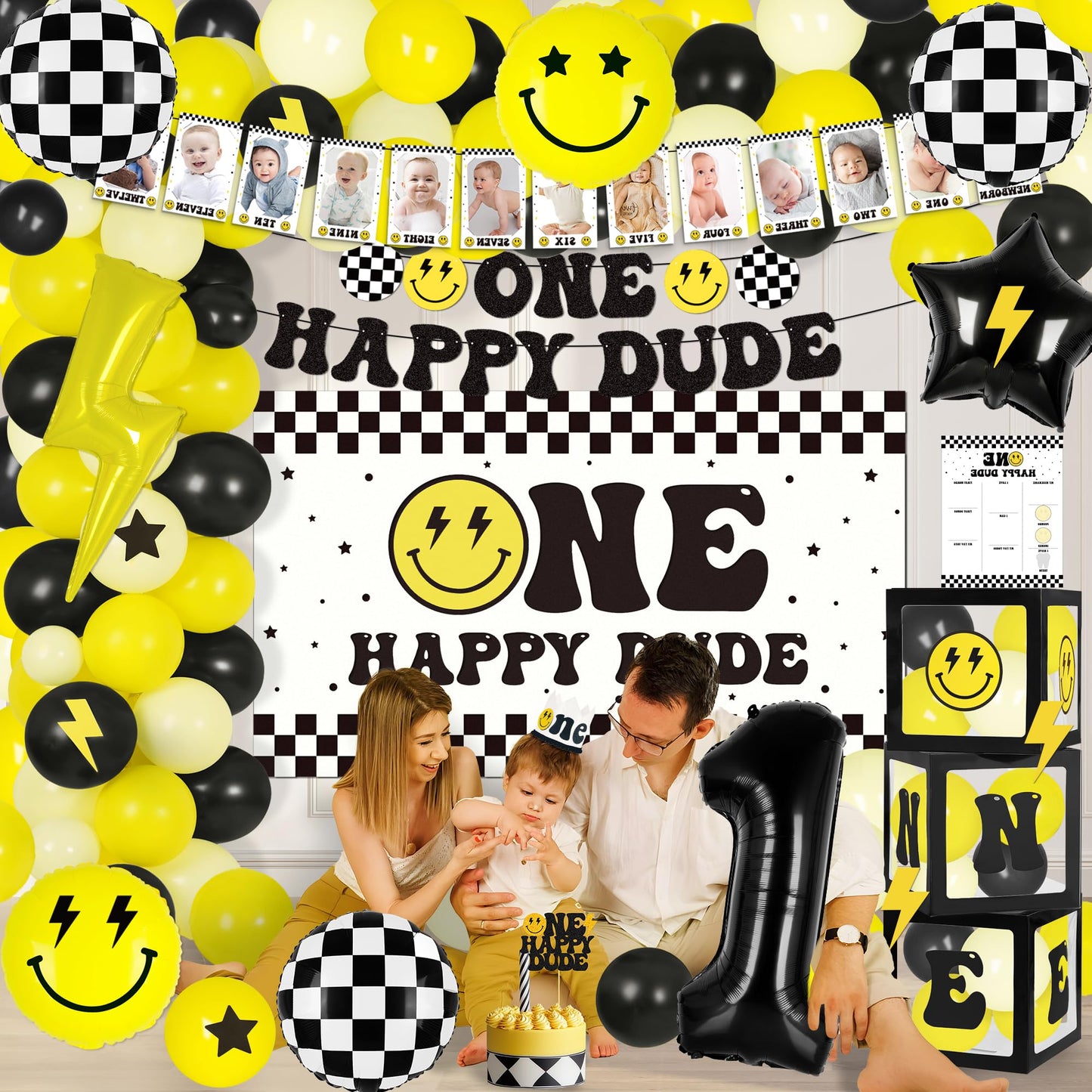Kriyokiaa One Happy Dude 1st Birthday Decorations First Birthday Smile Face Balloons Arch High Chair Banner Backdrop Birthday Party Supplies Backdrops for Boy Girl