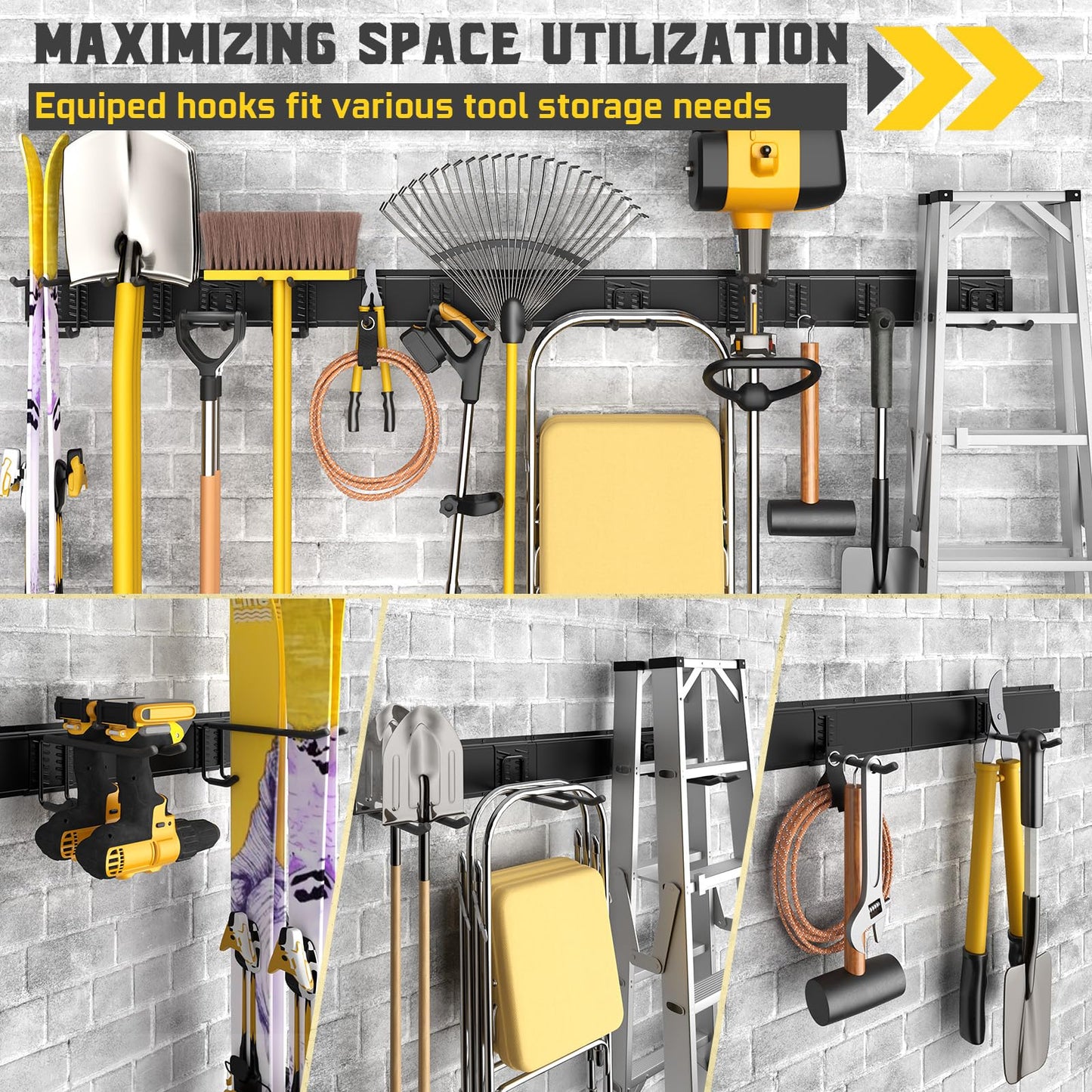 YZSFMZGE 96" Garage Tool Organizer Wall Mount, 1250lbs Heavy Duty Garden Tool Storage Rack with 15 Adjustable Hooks for Yard, Shed, Garage (6 Racks, 15 Hooks, 2 Straps, Steel)