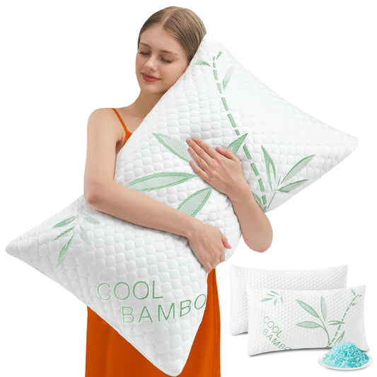 DGPEAR Memory Foam Pillows, Cooling Pillows Queen Size Set of 2 Adjustable Firm Bamboo Bed Pillows for Hot, Side, Back and Stomach Sleepers