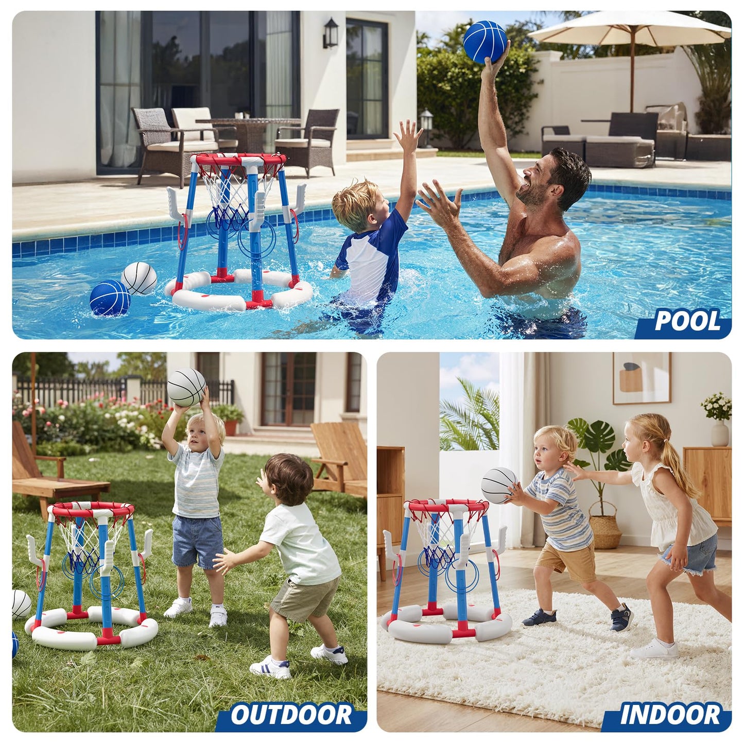 2 in 1 Pool Basketball Hoop Set with Ring Toss Game, Floating Water Pool Toys with 4 Balls, 8 Rings & Pump, Summer Outdoor Swimming Pool Toys Gifts for Adults Kids Teens, Red
