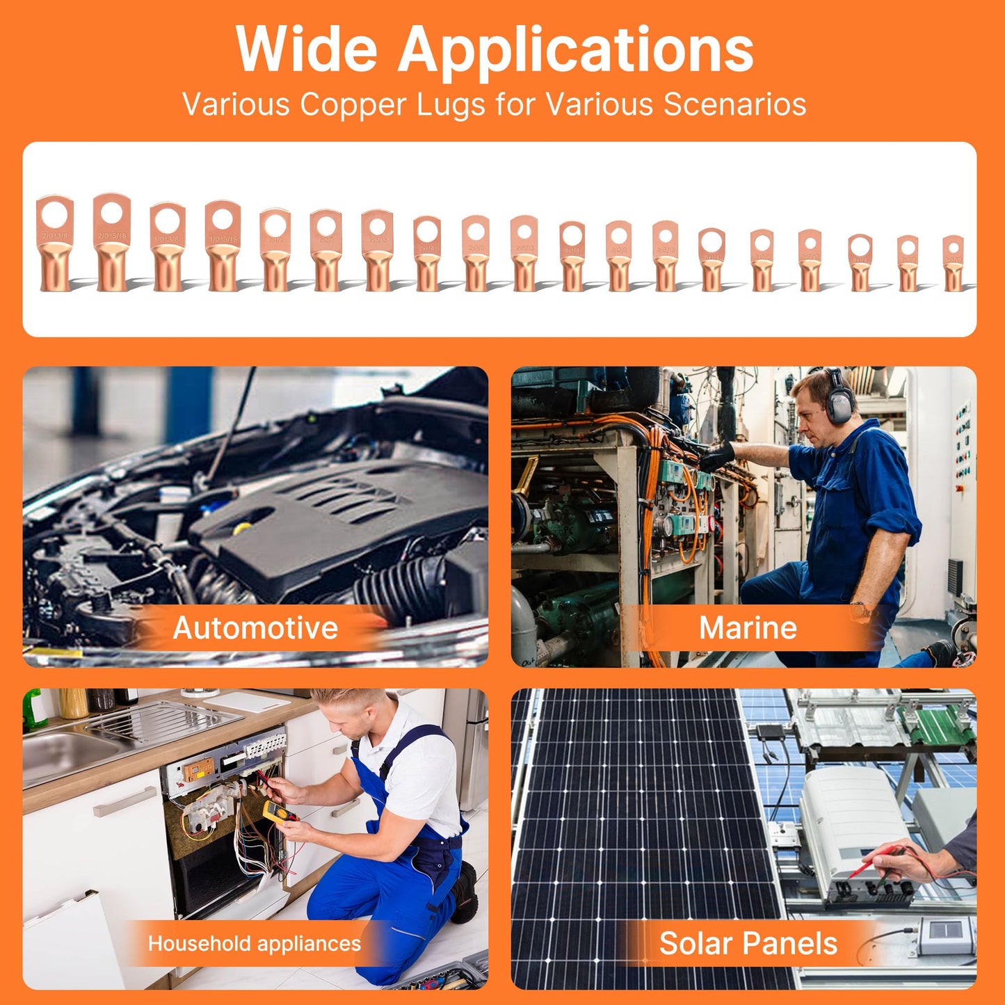Kuject 220PCS Battery Cable Ends AWG 1 2 4 6 8 1/0 2/0 Gauge, 110PCS Heavy Duty Copper Wire Lugs Kit, Battery Cable Terminal Connectors Assortment with 110PCS 3:1 Heat Shrink Tubing