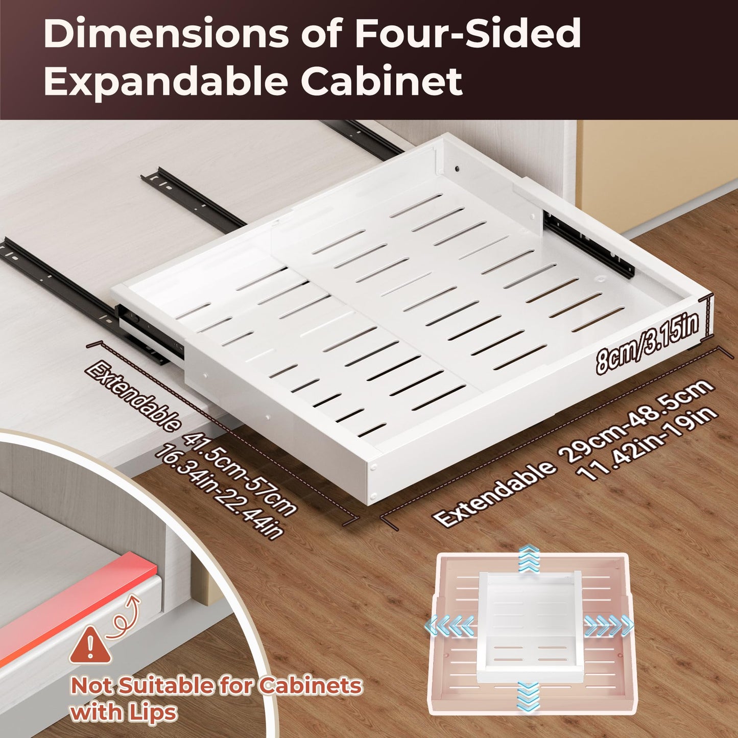 Makfoner 2 Pcs Pull Out Cabinet Organizers, Width (12"-19") and Depth (17"-23") Expandable With 3 Slides, No Drill Slide out Drawers Adhesive Film or Nail Cabinets Without Lip in Kitchen, Bathroom