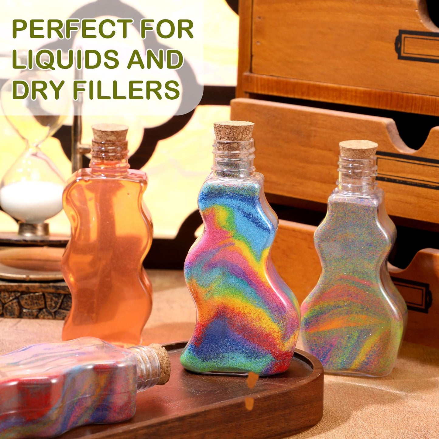 Mumufy 60 Pcs Plastic Sand Art Bottles for Kids 2.5 oz Sand Art Containers Bulk for Back to School Student Gifts Wedding Invitations Crafts Supplies Girls Decorations, 3 Styles(Wood,Cork Topper)