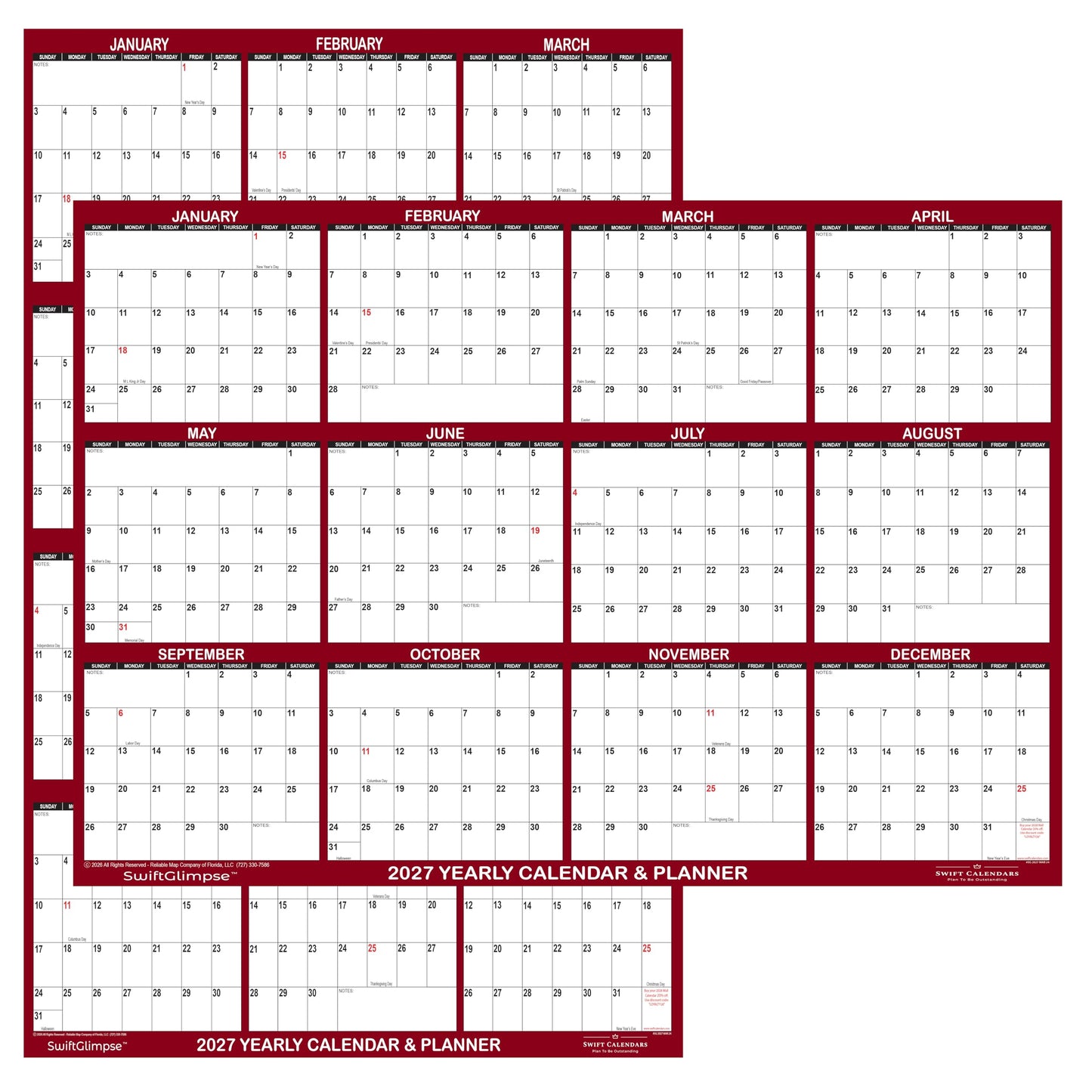 24" x 36" SwiftGlimpse 2027 Wall Calendar Erasable Large Wet & Dry Erase Laminated 12 Month Annual Yearly Wall Planner, Reversible, Horizontal/Vertical, Burgundy