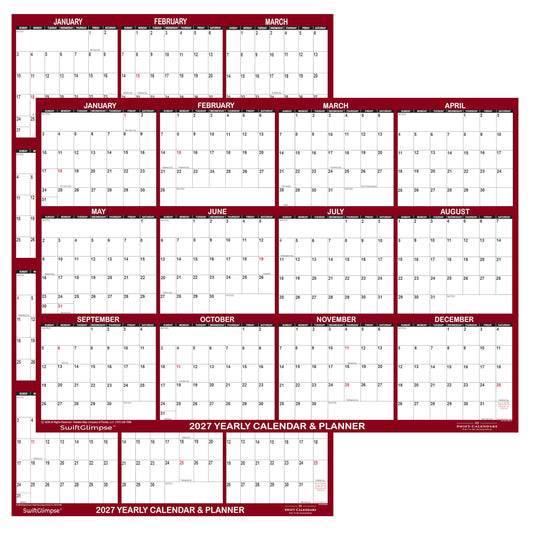 24" x 36" SwiftGlimpse 2027 Wall Calendar Erasable Large Wet & Dry Erase Laminated 12 Month Annual Yearly Wall Planner, Reversible, Horizontal/Vertical, Burgundy