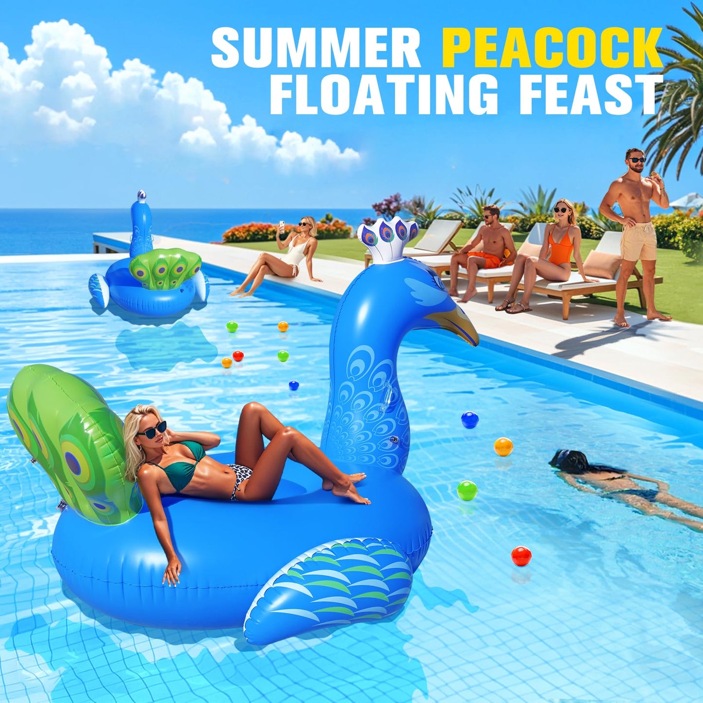 DeeprBetter Inflatable Peacock Pool Float, 2025 Gaint Funny Pool Floats Adults, Heavy Duty Pool Floaties Lounger, Large Animal Pool Floats Inflatable Ride-On Floaty for Swimming Pool Party Water Fun