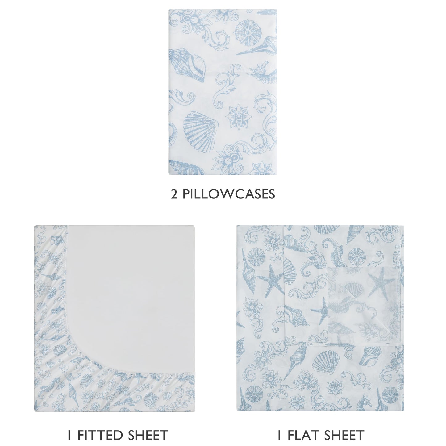Caribbean Joe Coastal Print Microfiber Sheet Set, Soft, Comfy, 12" Deep Pockets, 4-Piece Full, Coastal Brocade