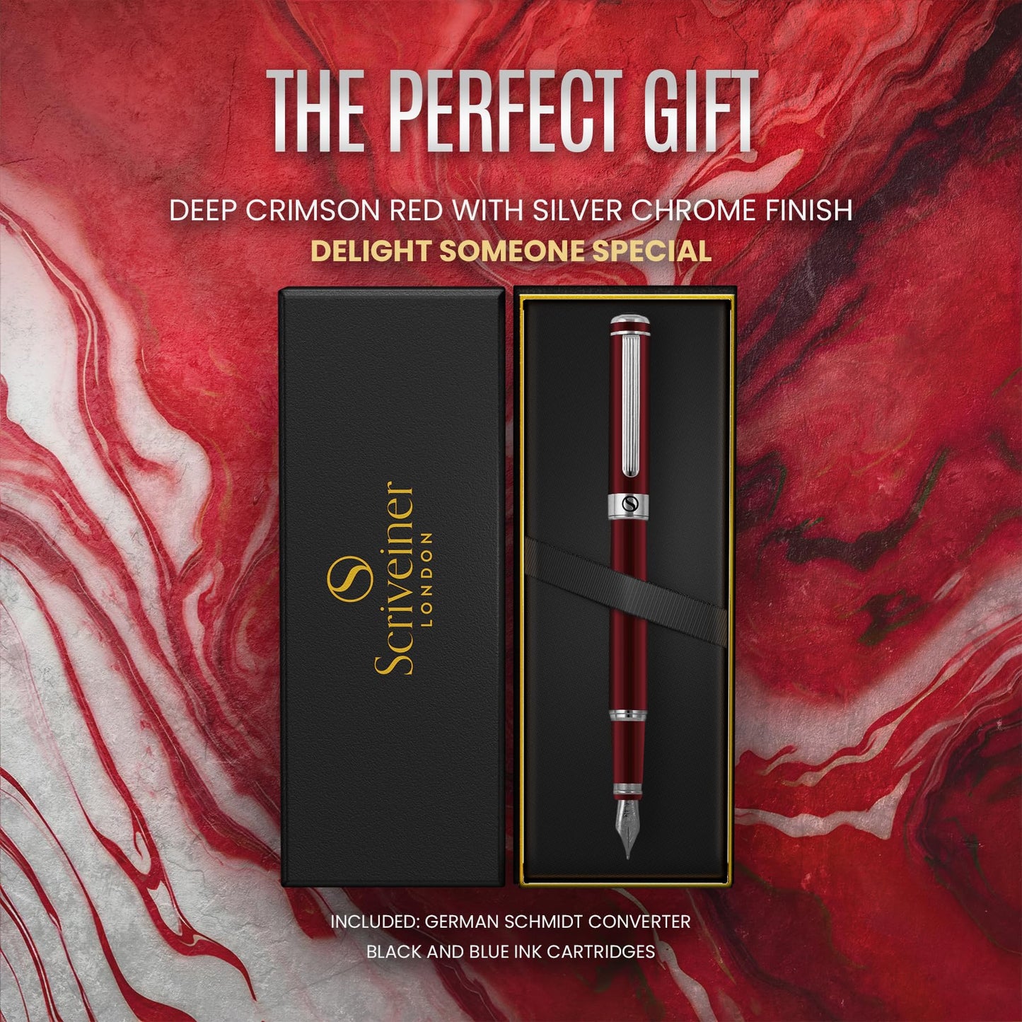 Scriveiner Deep Crimson Red Fountain Pen - Stunning Luxury Pen with Chrome Finish, Schmidt Nib (Fine), Best Pen Gift Set for Men & Women, Professional, Executive, Office, Nice Pens