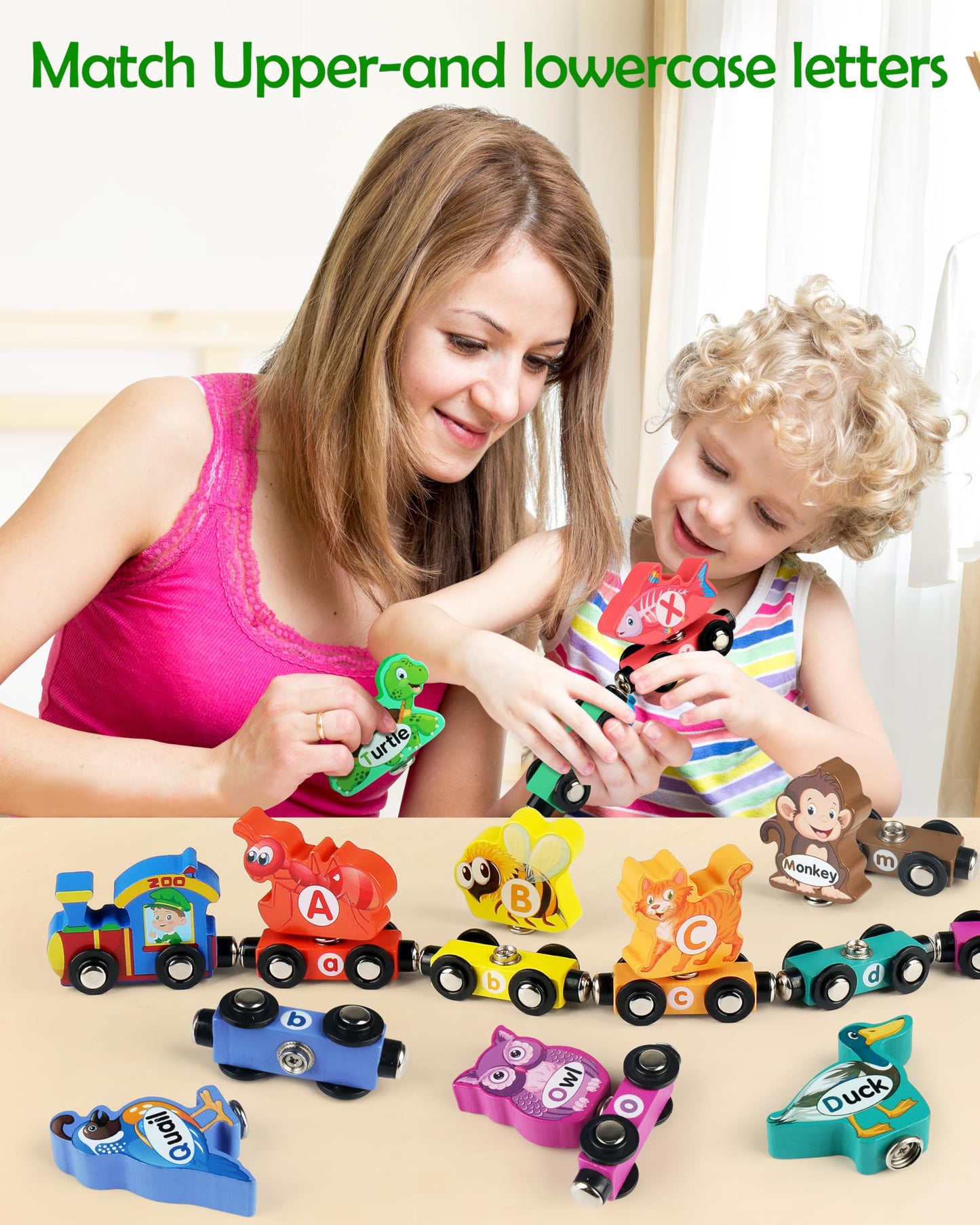 Vanmor 27 Pcs Magnetic Wooden Alphabet Train Set, ABC Learning Toy with 42 Flash Cards & Storage Bag, Fun Educational Toy for Kids Ages 3-7, Interactive Early Development Gift for Toddlers (Animal)