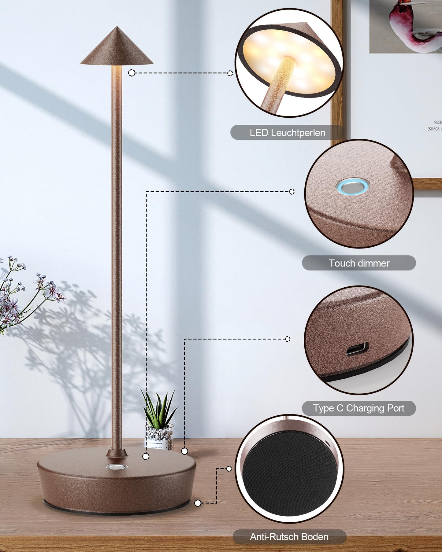 SHANGCAI Cordless Table Lamps Rechargeable, 6000mAh Battery Operated LED Desk Lamp Outdoor Waterproof Portable Touch Dimmable Table Night Light for Patio Restaurant Dining Home Set of 2 Rust