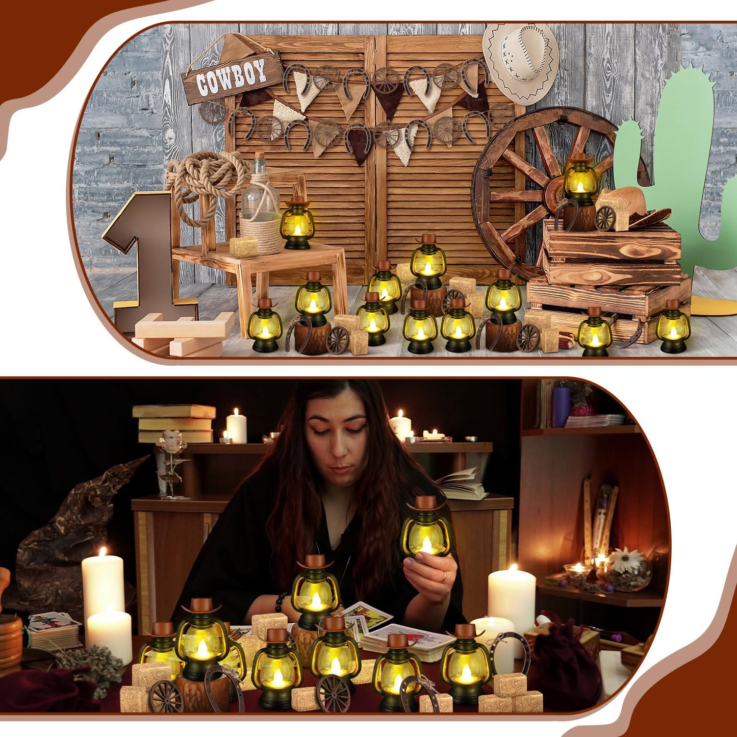 Ferraycle 60 Pcs Cowboy Theme Party Decoration Western Party Decor Rodeo Table Centerpieces Rustic Country Mini Cowboy Hat Lantern Horseshoe Wagon Wheel Hay Bales for Adult Cowgirl (Brown)