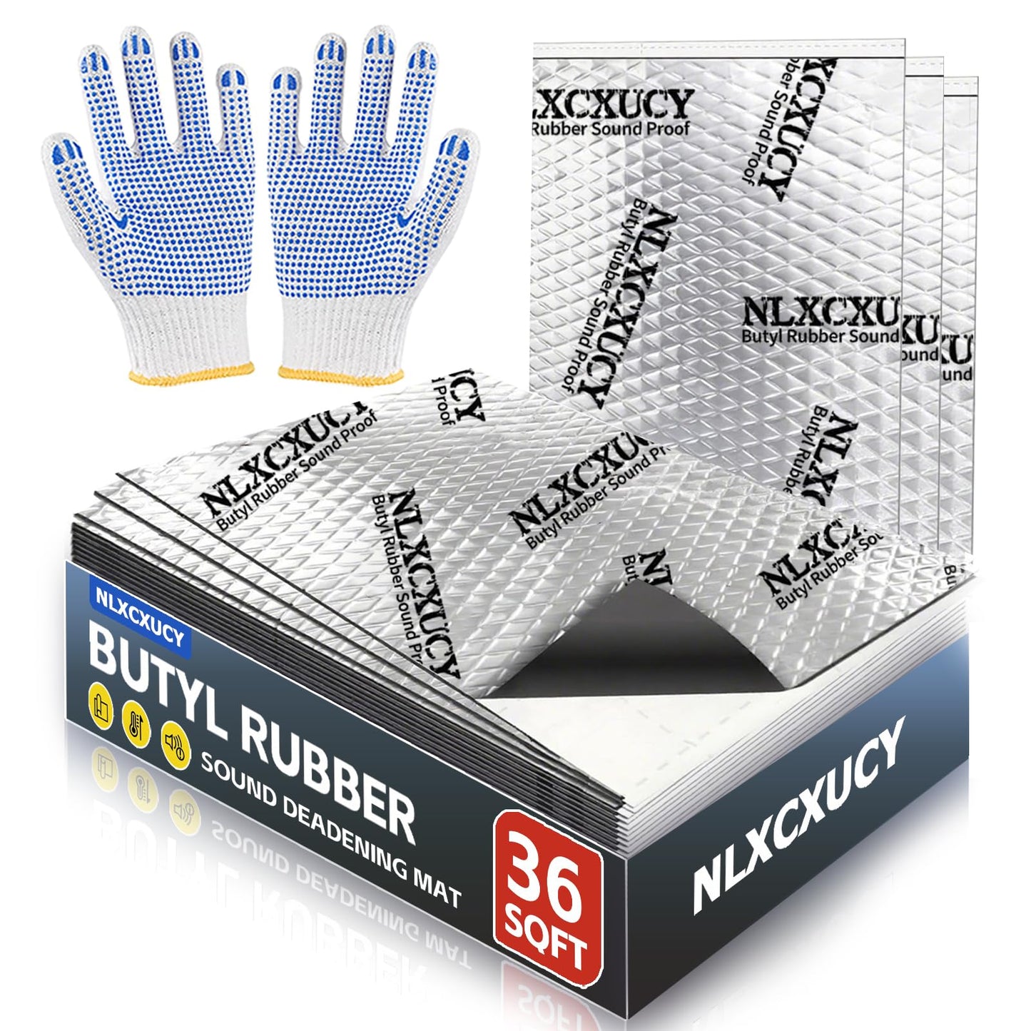 NLXCXUCY 33 Pcs 80mil (2mm) 36 sqft(3.4 sqm) Car Sound Deadening Mat,Butyl Automotive Sound Deadener,Noise Insulation and Vibration Dampening Material with Silicone Bumps Gloves