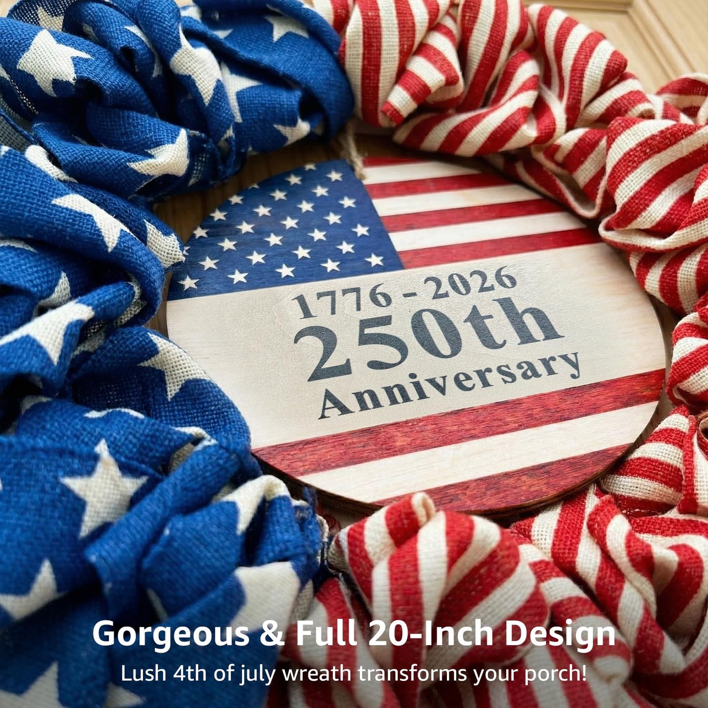 4th of July Wreath for Front Door - 20 inch Memorial Day Patriotic Decorations Outdoor, Red White and Blue 1776-2026 USA 250th Anniversary Burlap American Flag Door Wreaths