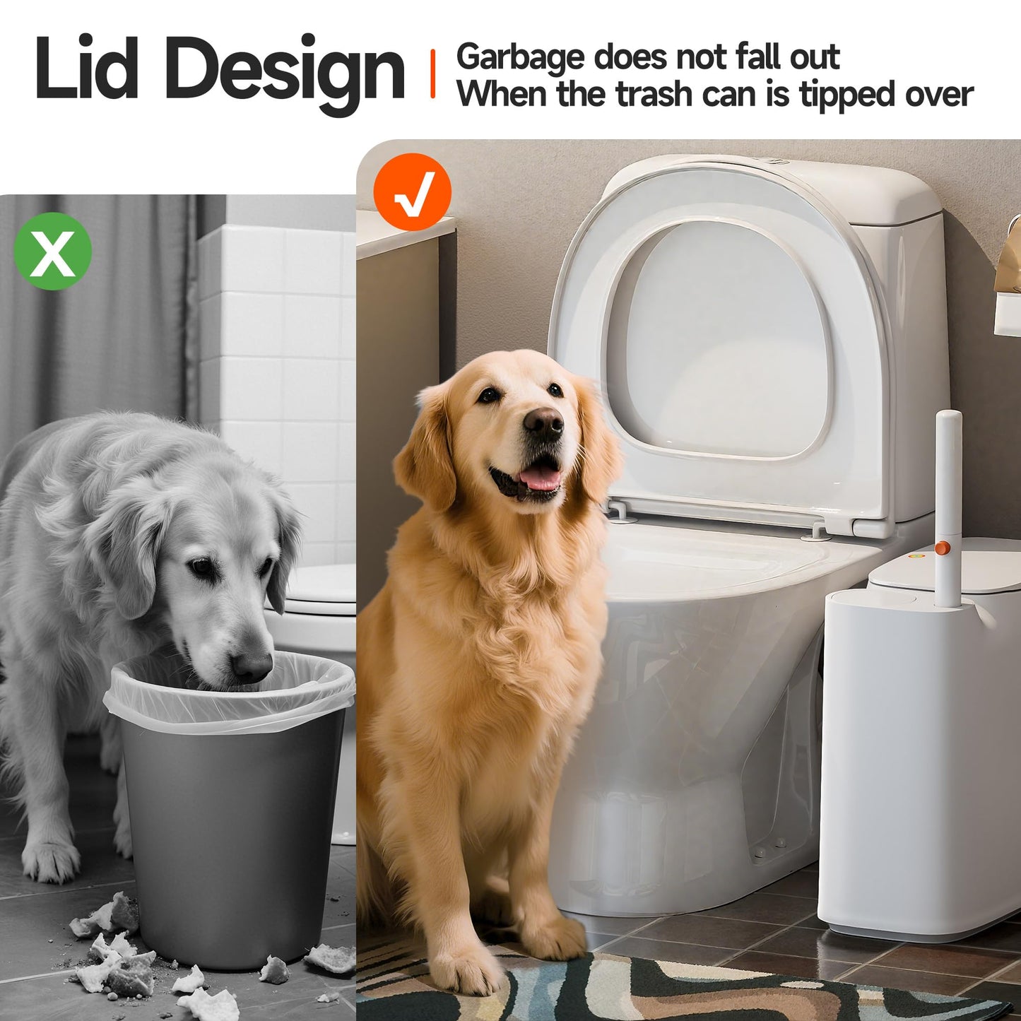 CTIME Bathroom Trash Can Set - Narrow White Plastic Small Trash can, a Toilet Wand, Toilet Brush Holder and 36 Refills, 2 Gallon Trash can with pop-up lid, Suitable for bathrooms and Small Toilets.