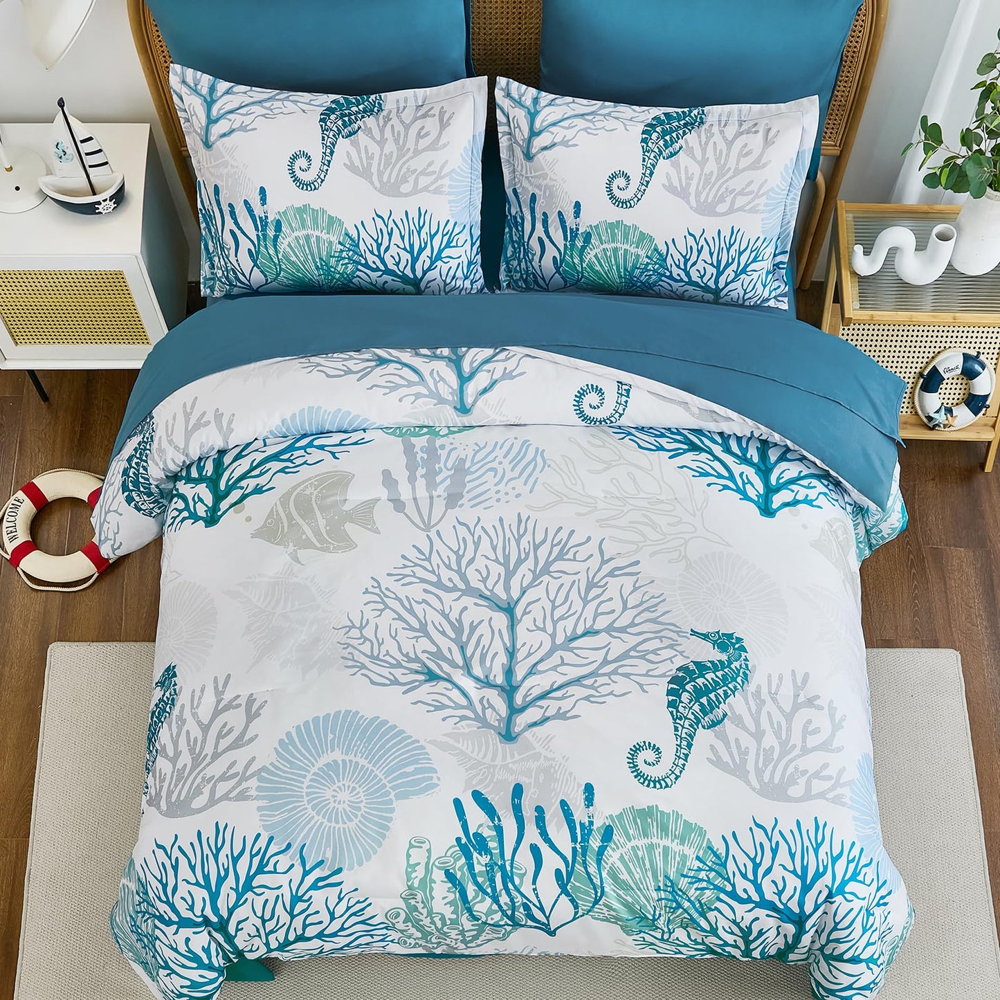 WONGS BEDDING Coastal Comforter Set Queen, Beach Themed Comforter,7 Pieces Ocean Nautical Seaweed & Starfish Bed in a Bag (90"×90")