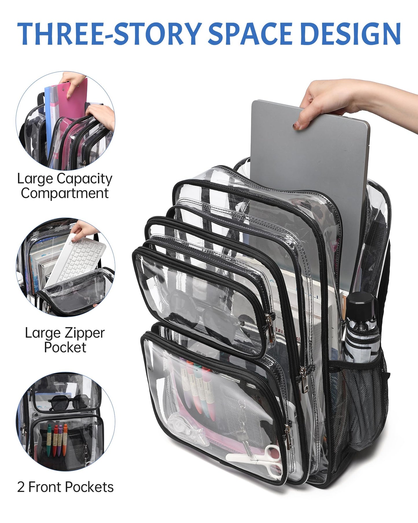 BAVERGE Clear Backpack Heavy Duty -18 Inch Extra Large Bookbag 3 Front Pockets and Lock for Stadium Events, Travel, Work, College, Black