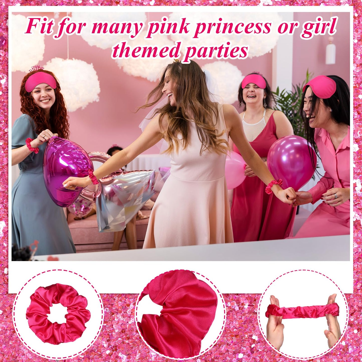 72 PCS Pink Girl Party Favors Kids Makeup Party Supplies Includes Pink Hair Brush Elastic Pink Scrunchies Foldable Cosmetic Mirror Makeup Brushes Eye Mask Organza Bags for Girls Women