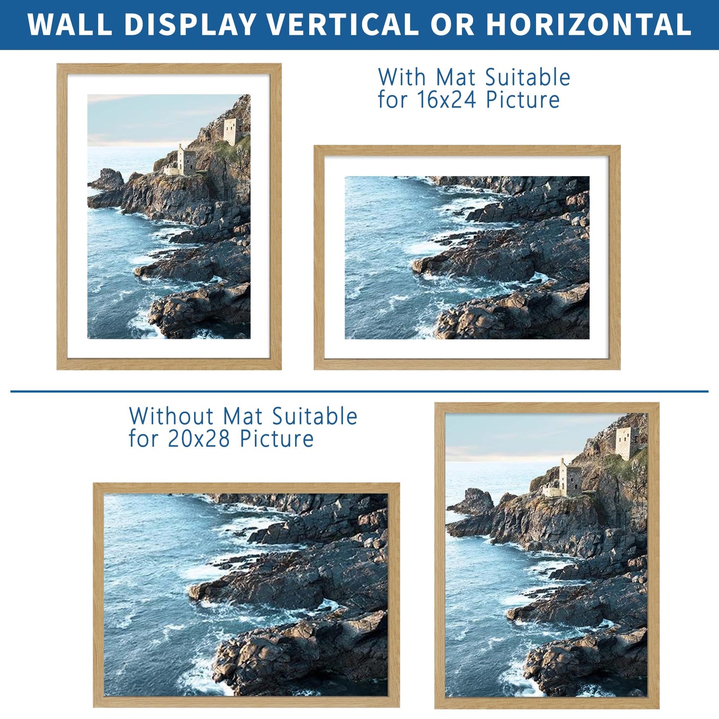 Hongkee 20x28 Picture Frame Set of 2, Natural Oak Wood Style - Display 16x24 Picture with Mat or 20 x 28 Poster without Mat, Wall Mounting Horizontal and Vertical