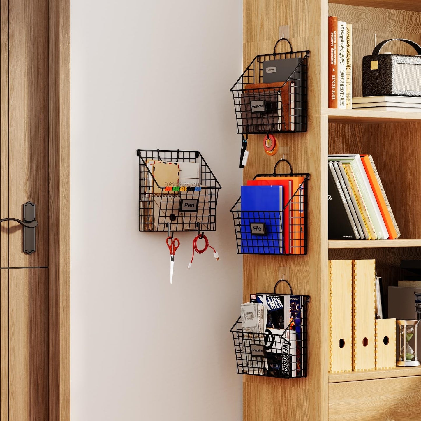 Yuzehuaza Hanging Wall File Holder Organizer Metal Wall Mount File Folders Holder Magazine Rack with Handles and Hooks , for Home Office, 4 Packs, Black (Patent Pending)
