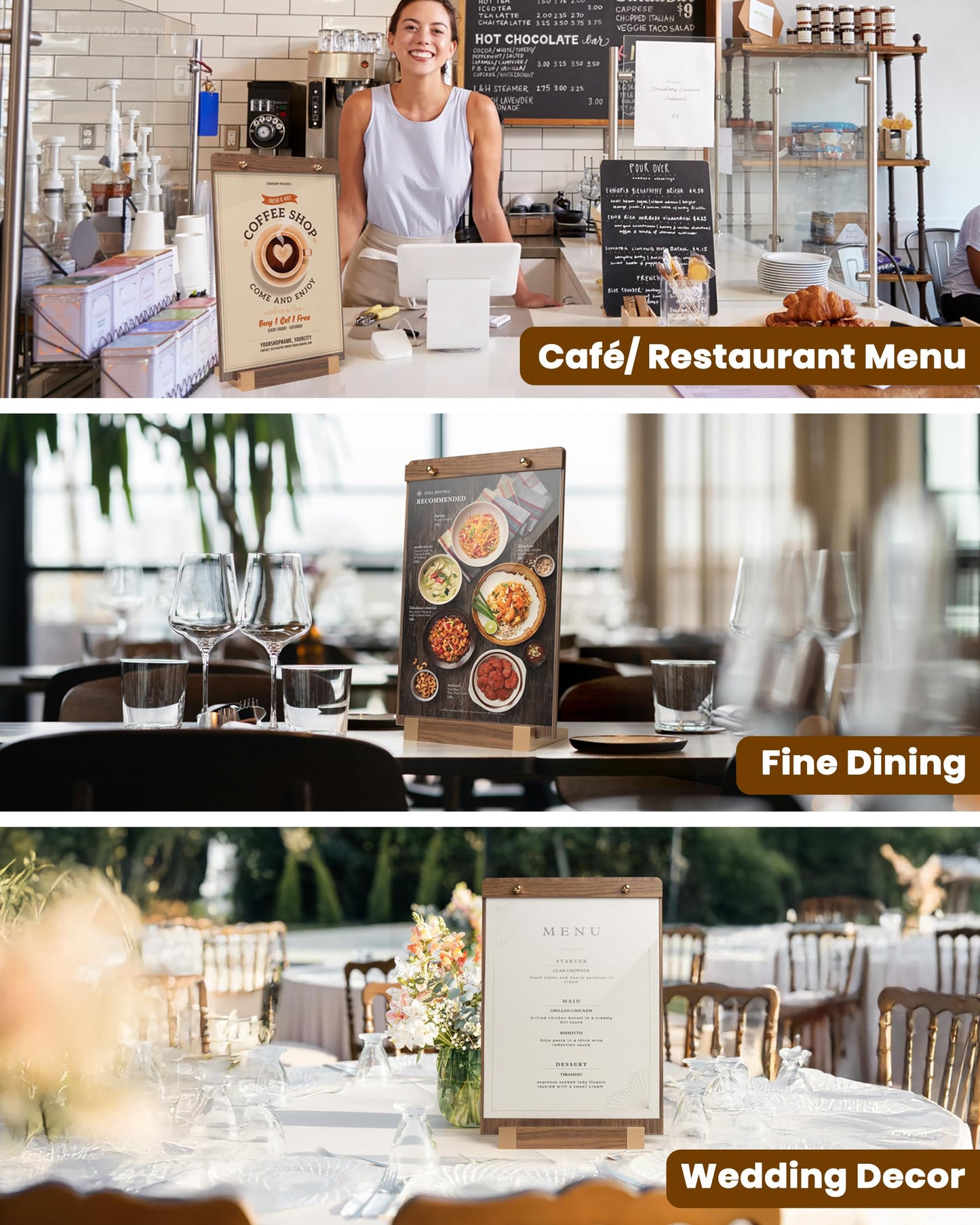 EliteSign Acrylic Sign Holder 8.5 x 11 with Walnut Wood Base, Clear Plastic Commercial Display Stand for Menu, Poster, Flyer, Table Paper Frame for Restaurant, Office, Store, Bar, Wedding (3pk)
