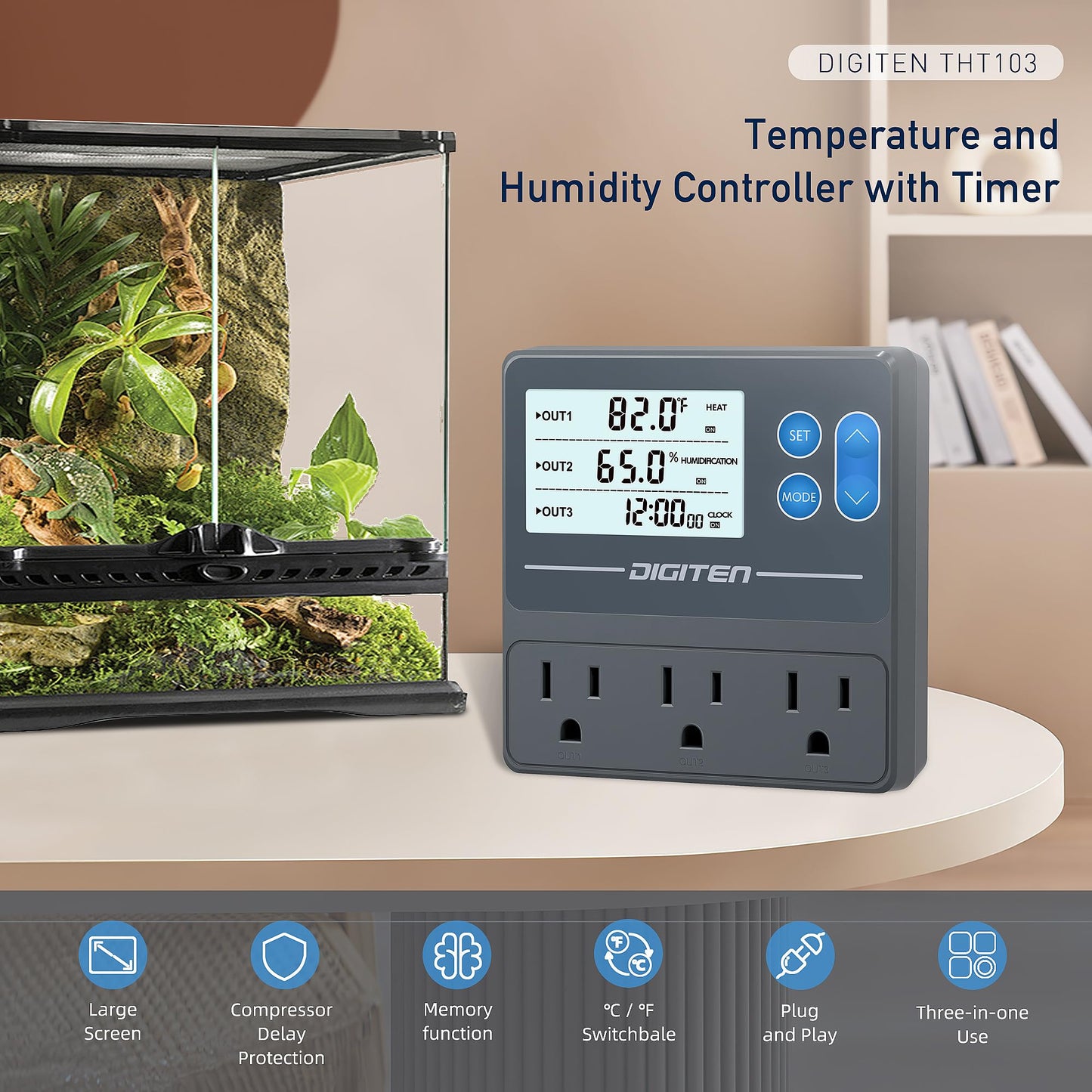 DIGITEN Reptile Temperature and Humidity Controller with Timer, Day-Night Function Thermostat, 3-Stage Outlet Plug in Temperature Controller for Reptile, Mushroom, Homebrew