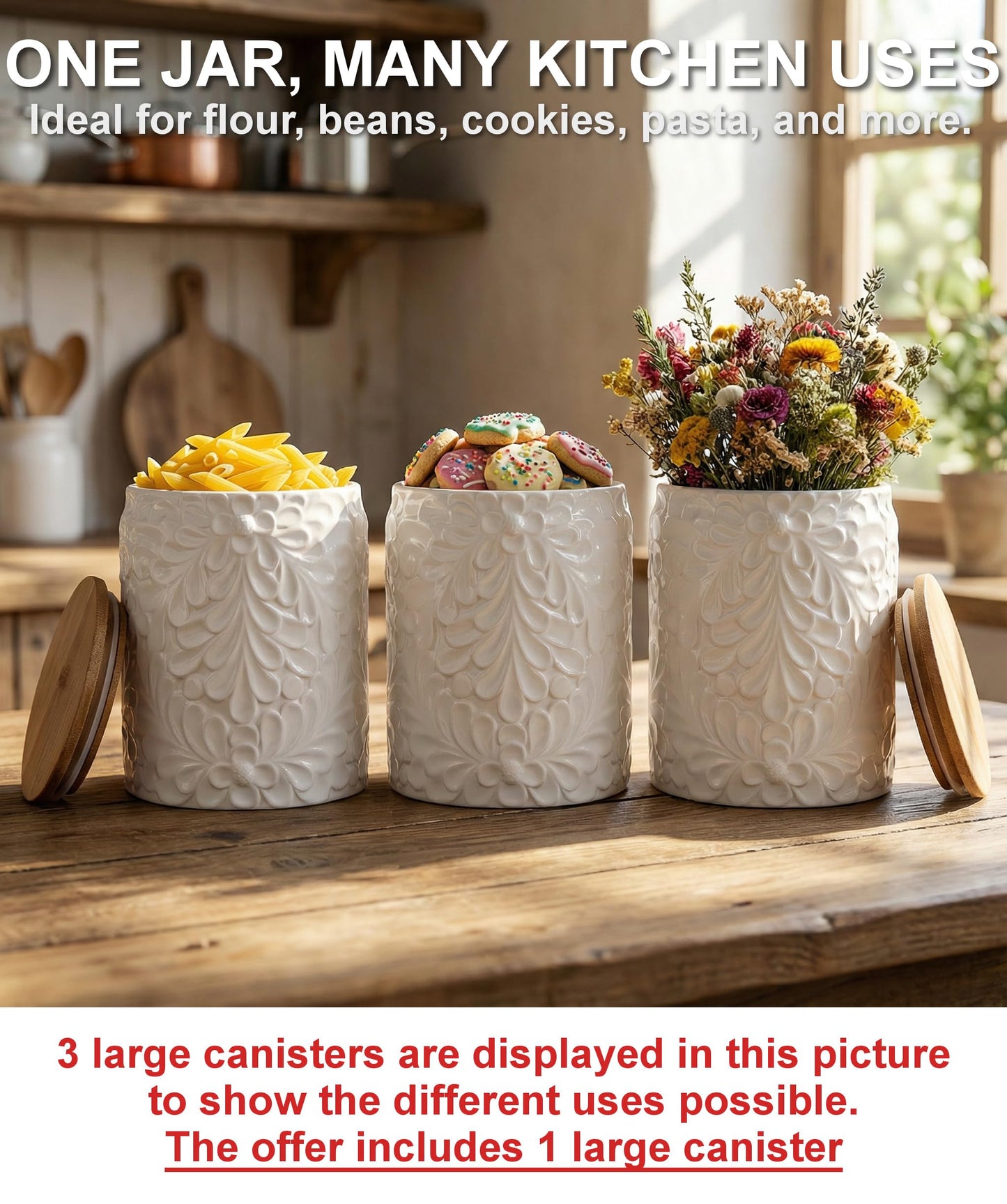 XXL 94 Oz Engraved Ceramic Kitchen Canister - Storage Jars with Airtight Lids Made from Bamboo with Nature-Inspired Engraving - Use as a Pasta Holder, Coffee Ground Holder, Rice Container, Candy Jar