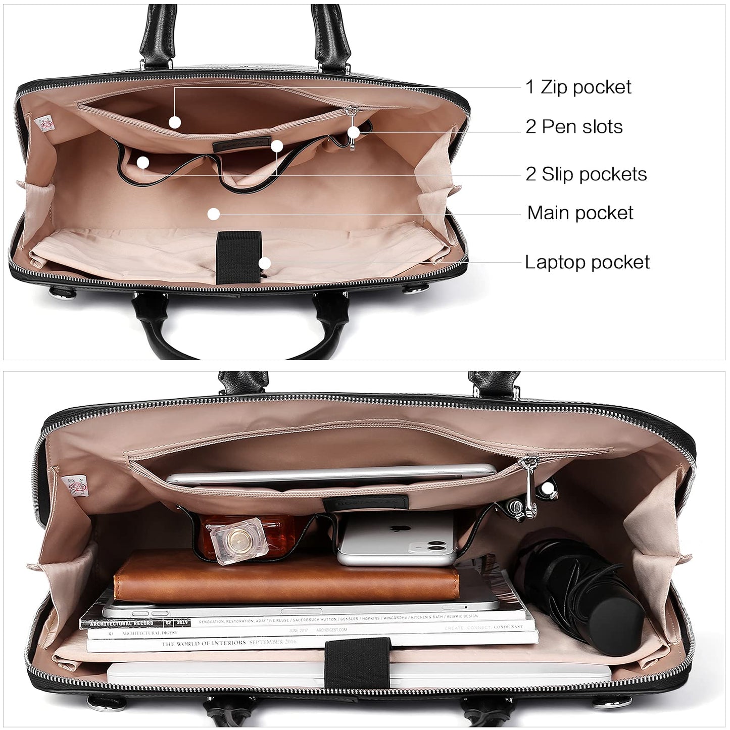 BOSTANTEN Briefcase for Women Leather 15.6 inch Laptop Shoulder Bags Office Work Crossbody Handbags Crocodile Pattern Black