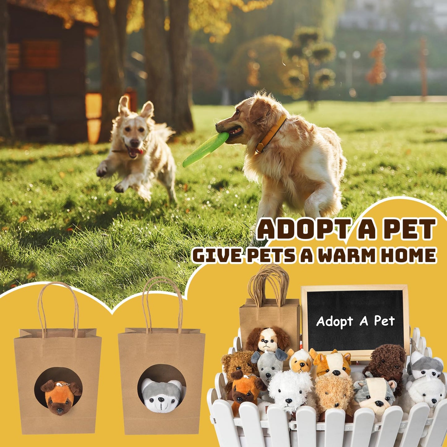 letesult 36Pcs Adopt A Puppy Party Favors, Mini Stuffed Animals Adopt A Dog Set Includes 12 Stuffed Dogs 12 Kraft Paper Bags 10 White Plastic Fence Mini Chalkboard & Chalk Marker for Adopt A Pet Party