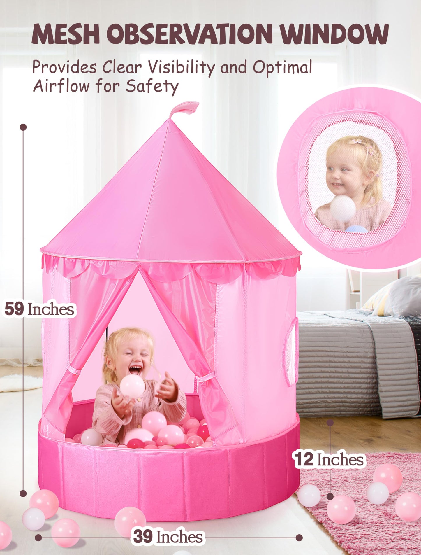 Hikiddy 3-in-1 Ball Pit & Play Tent for Toddlers: Large 40" Pink Kids Ball Pit and Princess Tent - Princess Castle Playhouse Tent for Girls Kids Babies - Foldable Portable Toys for Indoor & Outdoor