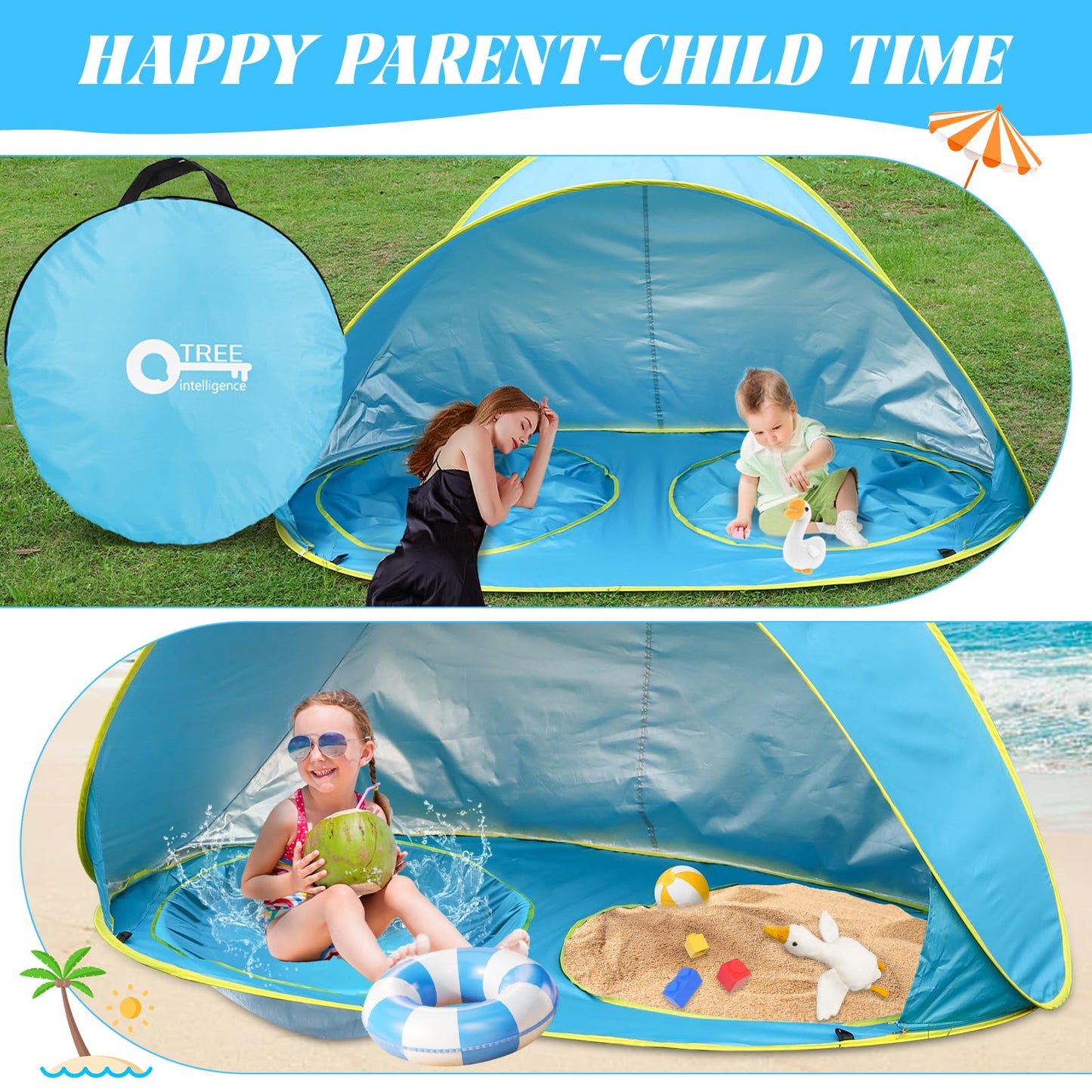 QTREE intelligence Baby Beach Tent-2 Pools Pop Up UPF 50+ Sunshade with Carry Bag, Portable for Travel,Beach,Camping,Indoor