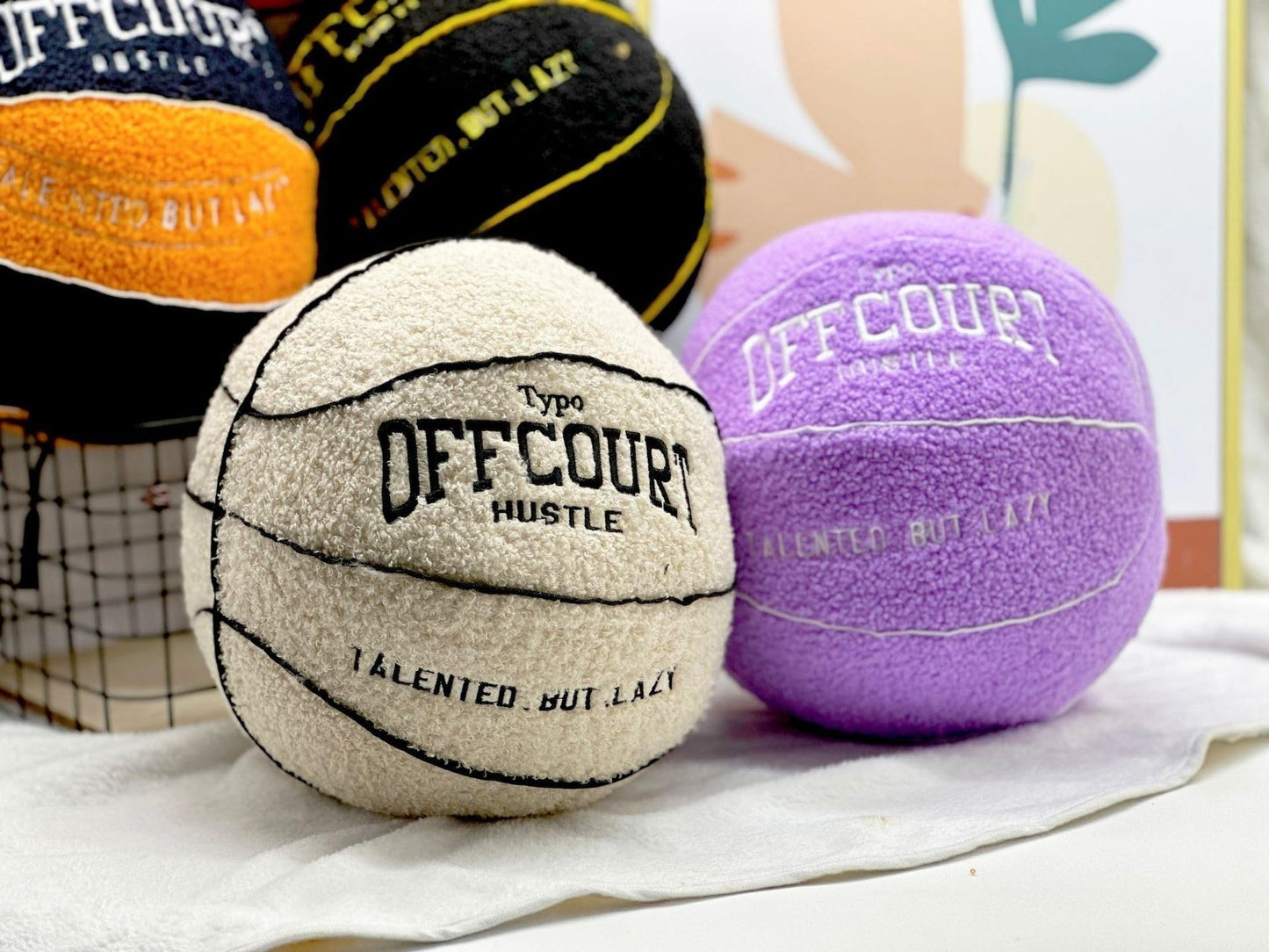 Tezimjia 2023 New Offcourt Basketball Pillow, 11" Basketball Shaped Teddy Fleece Embroidered Throw Pillow Fuzzy Plush Toy Gifts for Kids Boys Girls (Beige)