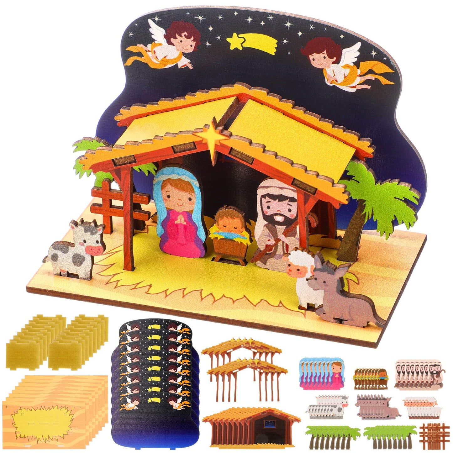 JolliLudo 8 Pack Christmas Nativity Craft for Kids Wooden Religious Jesus House DIY Christian Nativity Scene Craft for Classroom Art Activities Sunday School Xmas Party Decoration