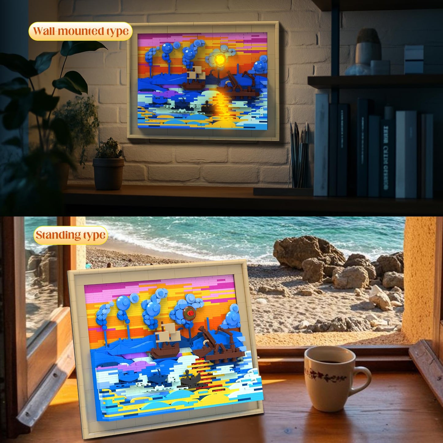 Brihappen Impression Sunrise Painting Frame Building Set for Adults Boys Girls, 3D Wall Monet Art Craft with Light for Home Office Decor, Ideas Toy Building Kit, Creative Birthday Gifts（1514 Pieces）