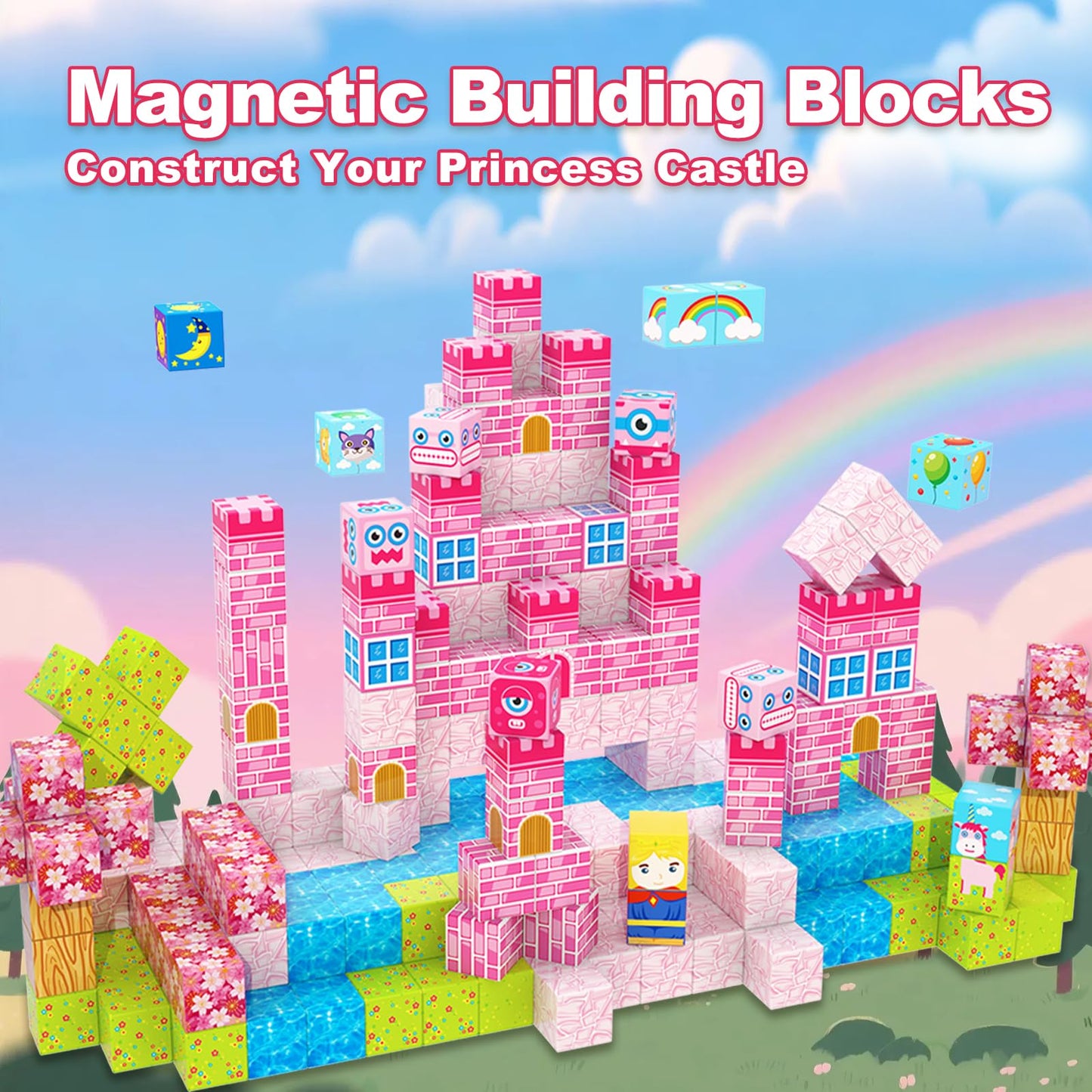 WSHIMIN 100 PCS Magnetic Building Blocks for Kids Ages 4-8, Princess Castle Garden Magnet STEM Sensory Toys-Magnetic Castle Princess, Christmas Birthday Gifts Toy for Girls & Boys 3+ Ages