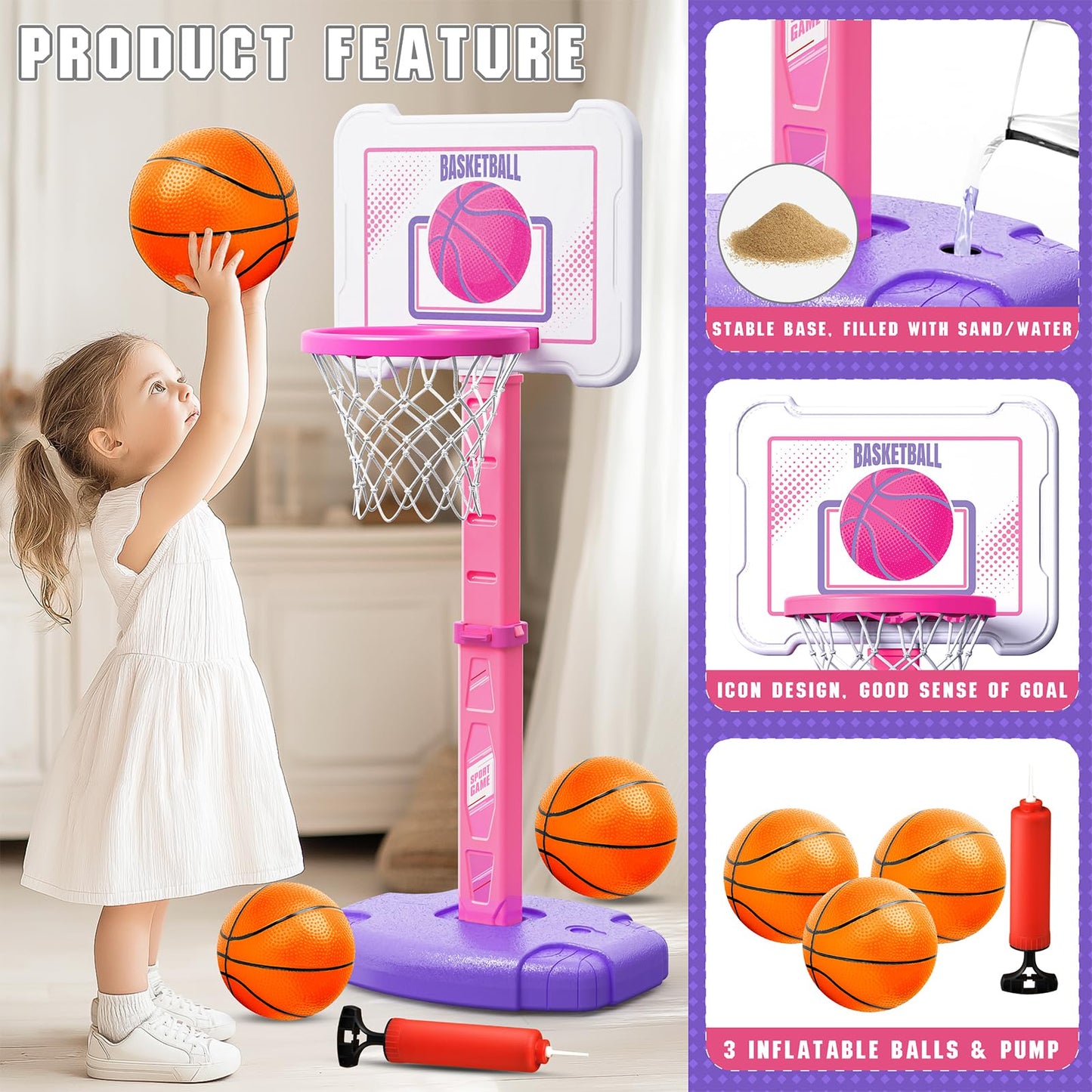 Toddler Basketball Hoop Indoor for Kids, Height Adjustable Poolside Basketball Hoop with 3 Balls for Outdoor Game, Portable Mini Basketball Goal Sport Toys Gift for Toddler Boy Girl Age 2 3 4
