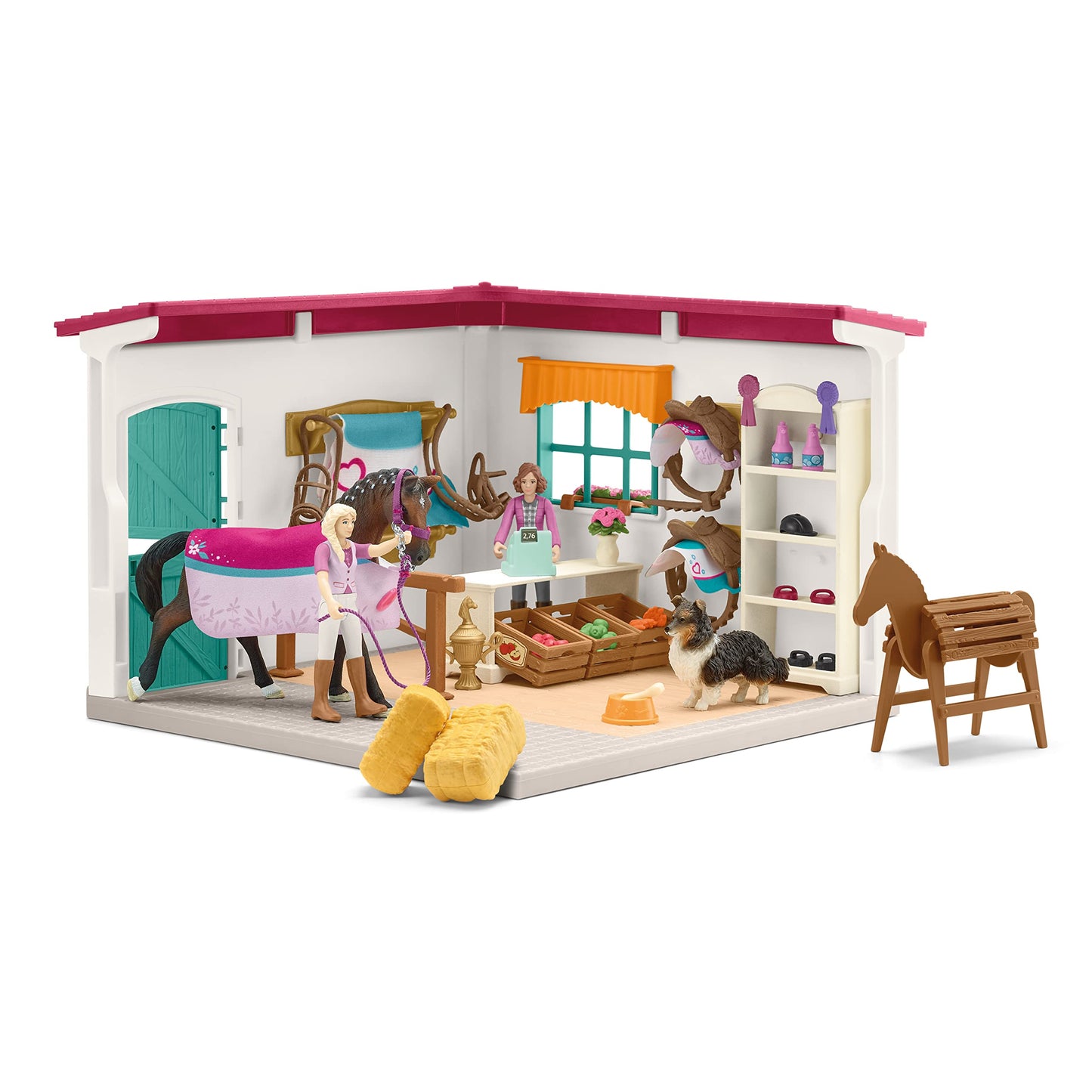 Schleich Horse Club - 67PC Sofia's Tack Shop Playset with Toy Horse Figurine, 2 Poseable Action Figures and Accessories - Realistic Pretend Shopping Toys for Girls and Boys - Kids Toys Ages 5+ | 42568