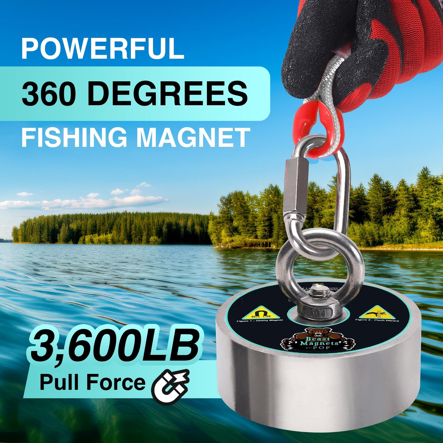 3600lb Complete 360 Degree Magnet Fishing Kit | Includes Strong 360 Neodymium N52 Magnets Durable 10mm 65ft Rope, Carabiner, Gloves