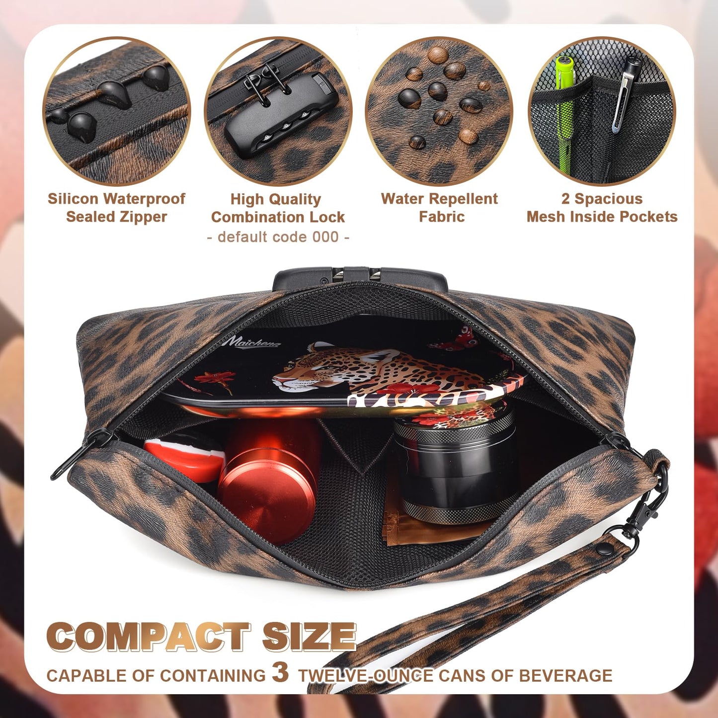 MAICHENG Storage Bag with Combination Lock and Accessories Travel Medicine Bag Container Money Cosmetic Organizer Great Christmas Gifts for Women Leopard