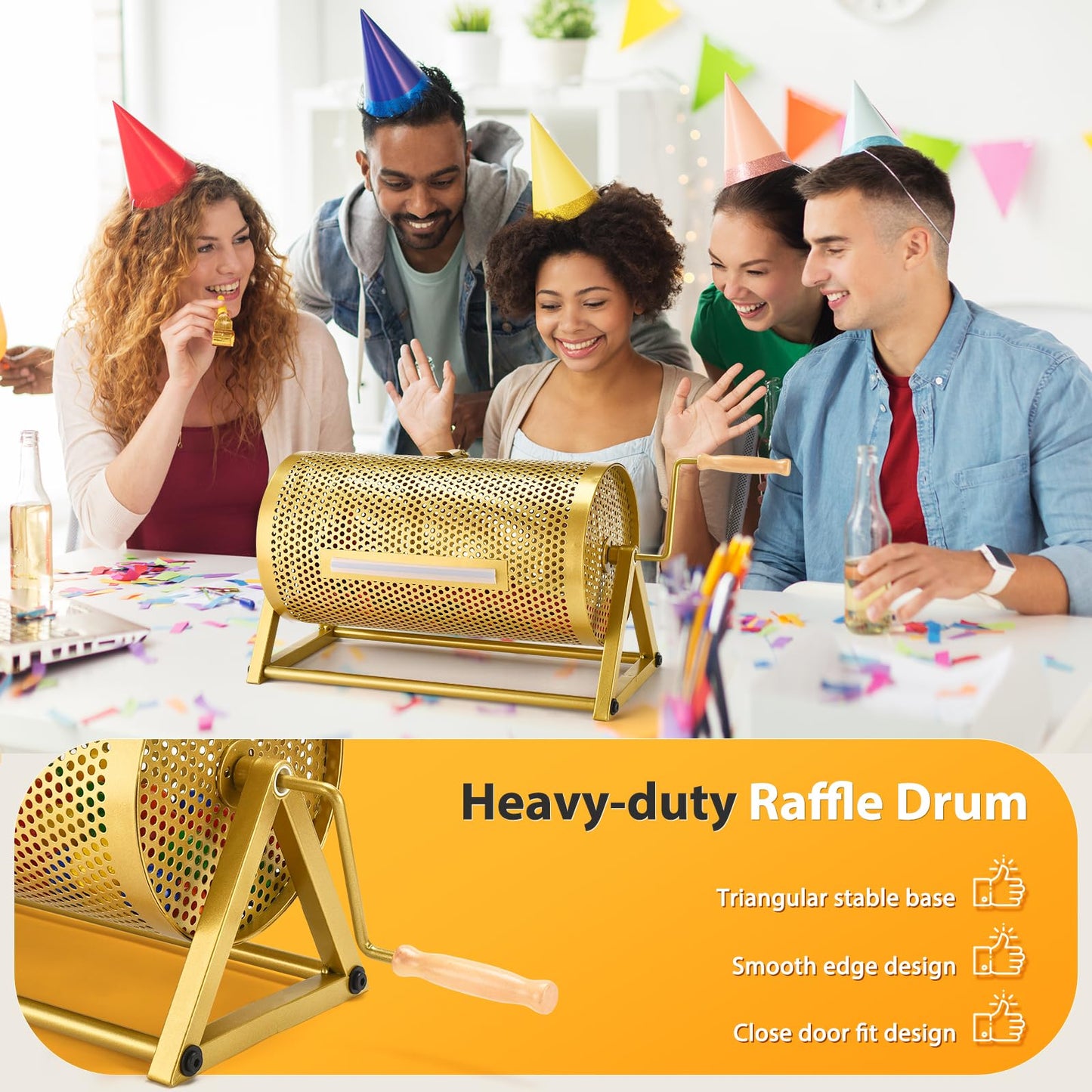 Raffle Drum, Thickened Metal Raffle Ticket Spinner Box with Sealing Tape, Silent Design Raffle Ticket Cage with Wooden Turning Handle & Stable Tripod Stand for Lottery Games, Raffle Balls