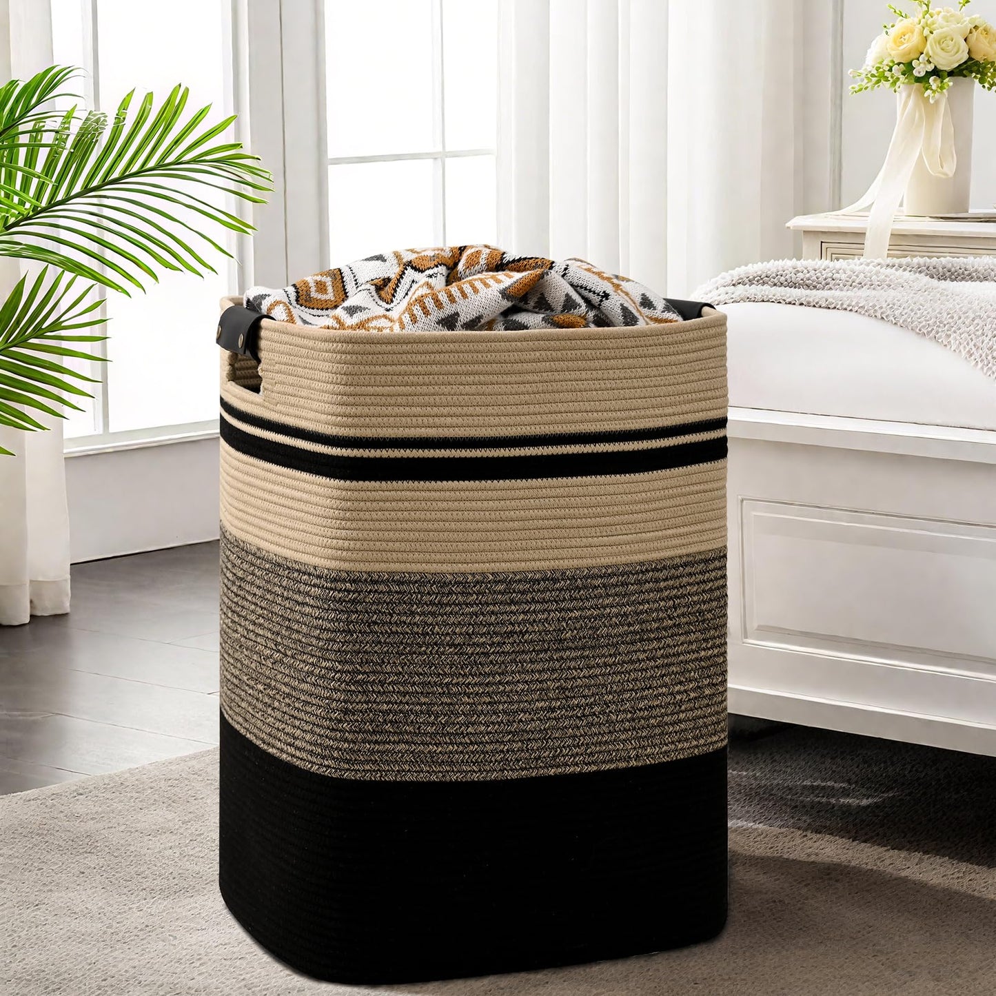 Degeyoyo Laundry Hamper, 95L Tall Laundry Basket with Leather Handles, Rectangle Large Clothes Hamper for Organizing, Cotton Woven Laundry Baskets Storage Hampers for Bedroom, Nursery, Living Room