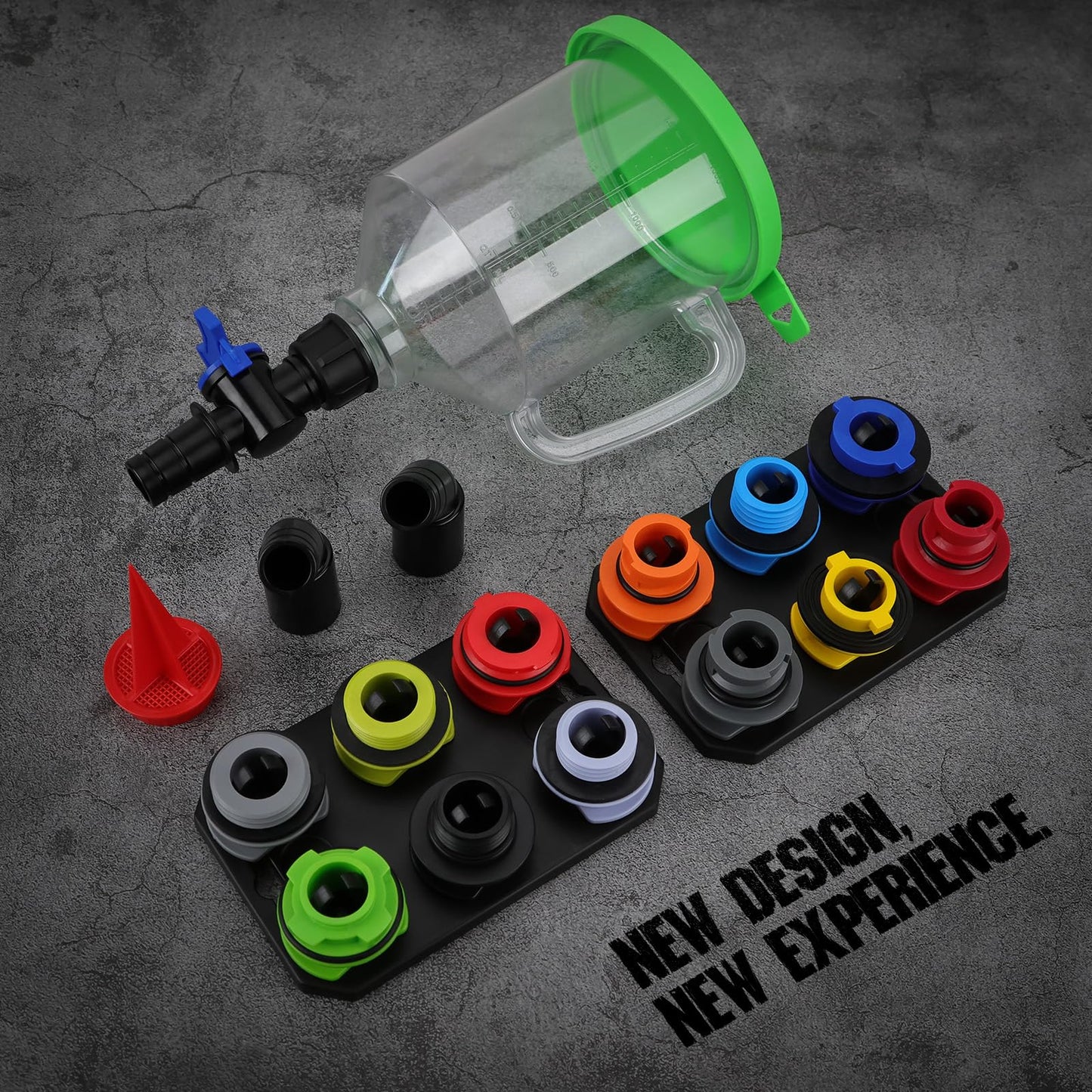 18-Piece Engine Oil Funnel Set, 1.59QT/1.5L Automotive Oil Funnel Kit with 12 Adapters, Elbow Fitting, Arrow Screen and Magnetic Storage Hooks Tray, Compatible with GM, Ford, BMW, Audi, Land Rover Etc