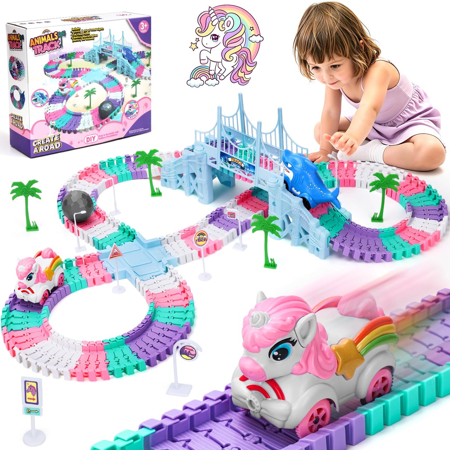 Kids Toys for 3 4 5 Year Old Girls Gifts: 194PCS Unicorn & Shark Flexible Race Track Set | Toy Car Track for Toddler Girl Toys Age 3-6 | Race Track for 5 Year Old Girl Birthday Gift Ideas