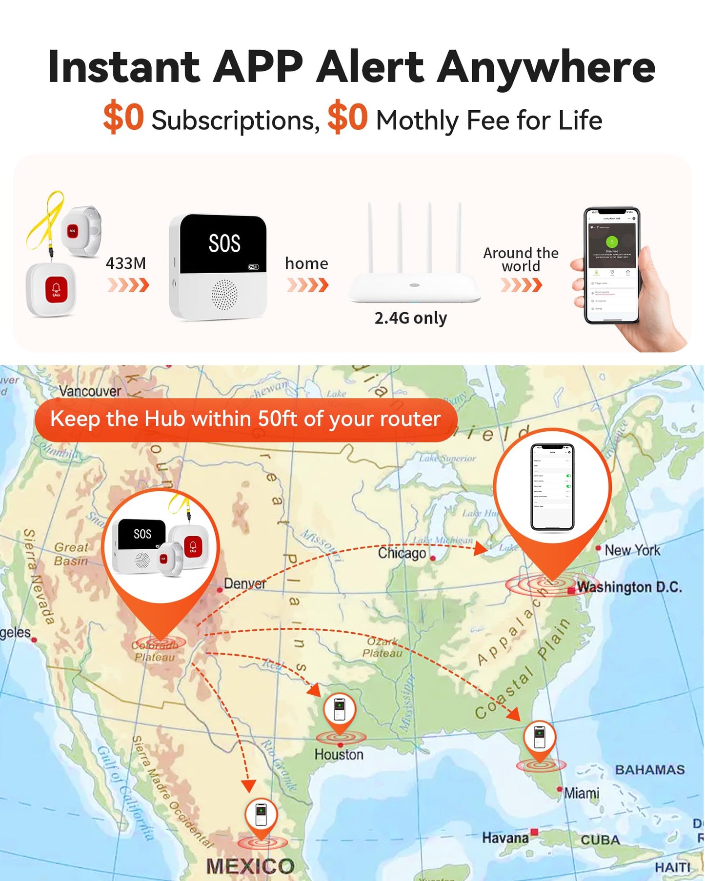 PILSAMAS WiFi Caregiver Page Wireless Call Button System - 1 Lanyard + 1 Wristband Emergency Button, No Monthly Fee, APP Alert, Custom Name/Tones, Fall Alert Devices for Elderly at Home, Nursing Care