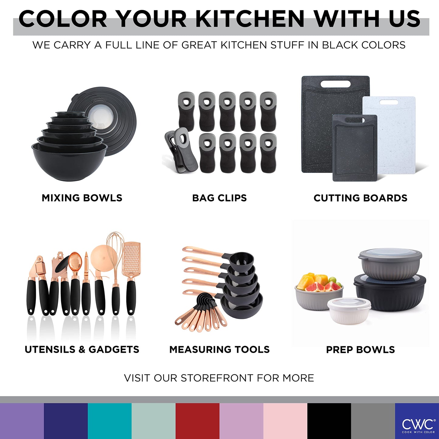 COOK WITH COLOR Mixing Bowls with Lids - 12 Piece Plastic Nesting Bowls Set includes 6 Prep Bowls and 6 Lids, Microwave Safe Mixing Bowl Set, Black Embossed
