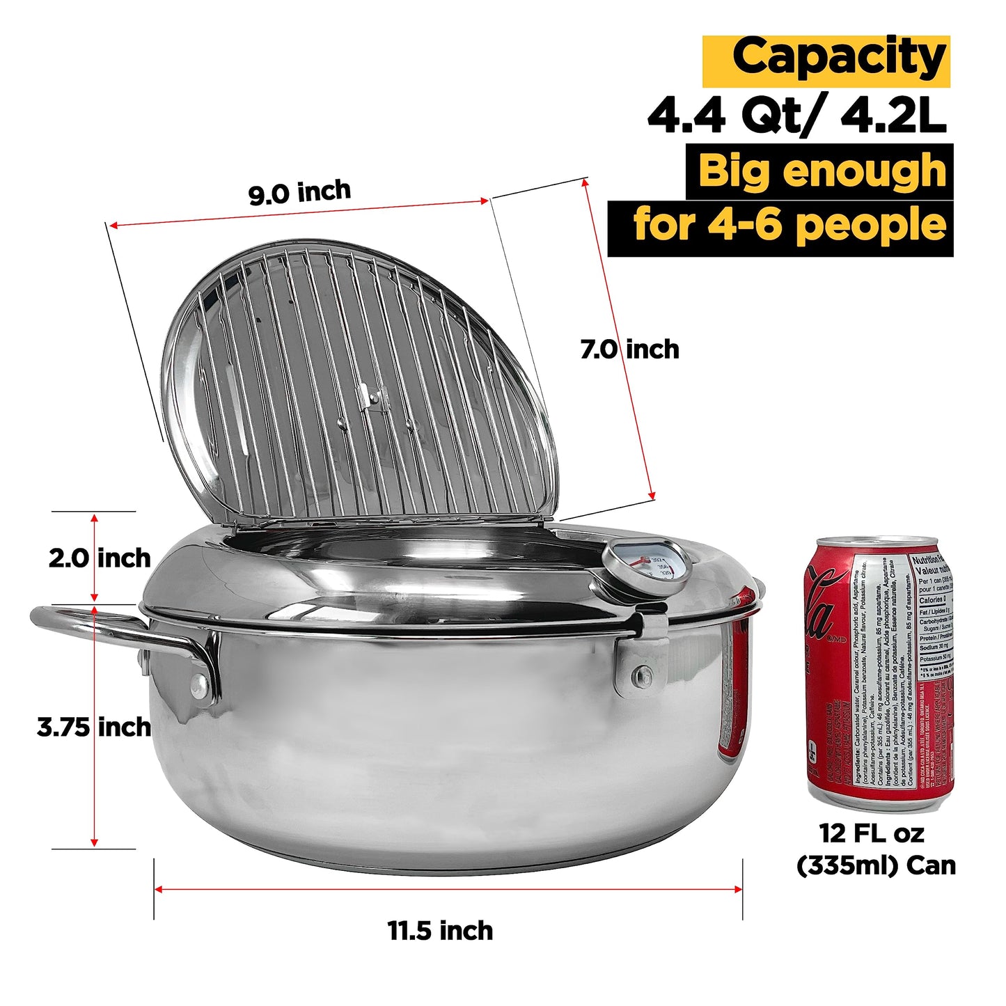 Saltlas Deep Fryer Pot (°C), 11"/4.4Qt (4.2 L) Extra Large Tempura Frying Pot with Lid, 304 Stainless Steel Fry Pot with Temperature Control and Oil Drip Drain Rack