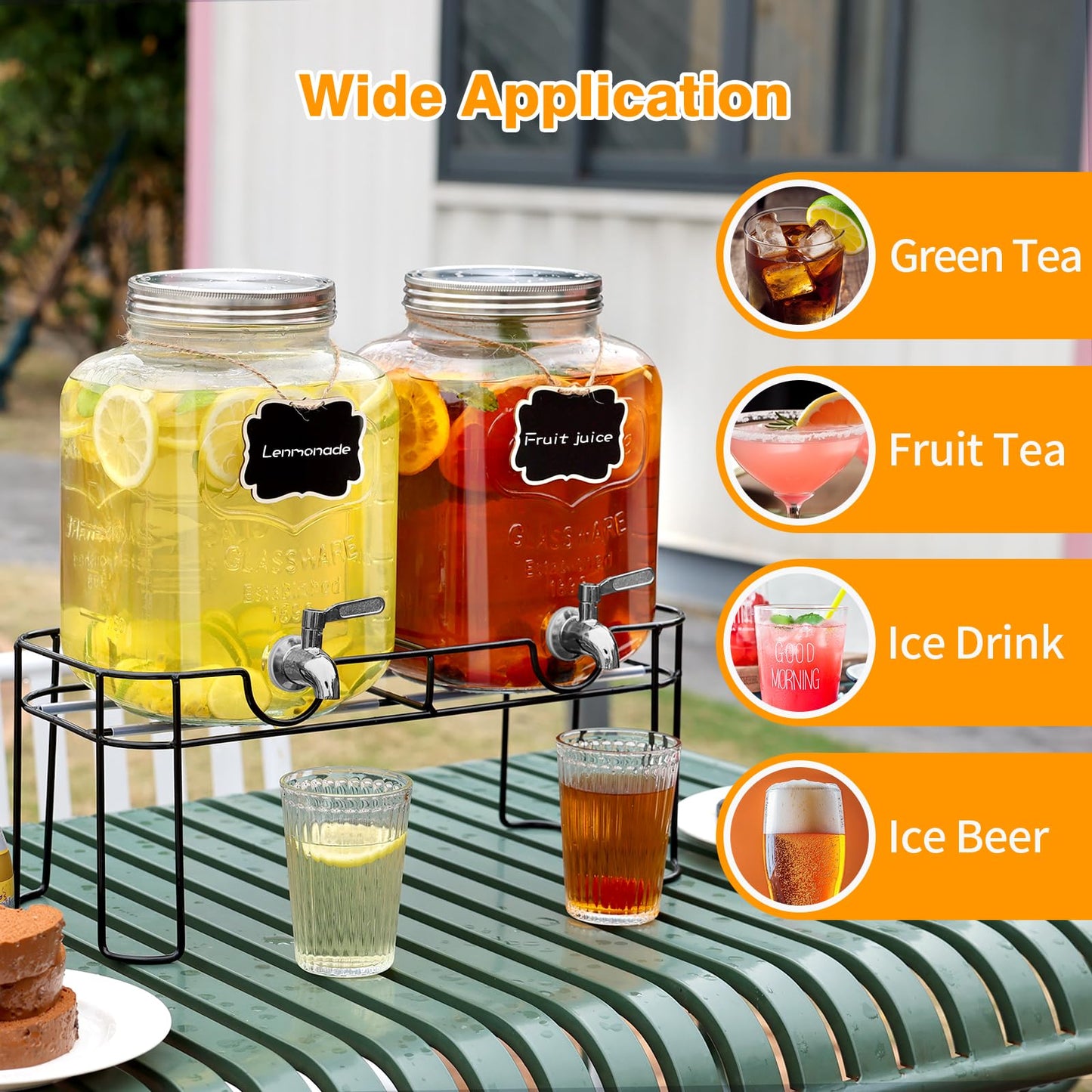 1.6 Gallon Glass Drink dispenser, 2 PCS Beverage Dispenser With Stand, Lemonade Dispenser with Stainless Steel Spigot,Drink Dispensers for Parties,Weddings, Picnic