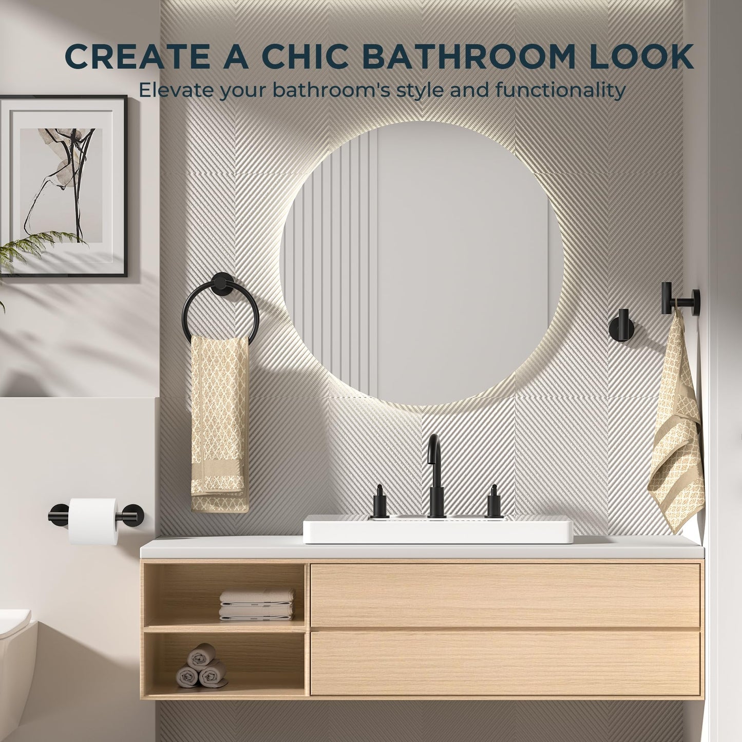 FORIOUS 4 Piece Bathroom Accessories, SUS304 Stainless Steel Toilet Paper Holder, Towel Ring and 2 Towel Hooks, Wall Mounted Bathroom Hardware Set (Matte Black,Double Post Pivoting)